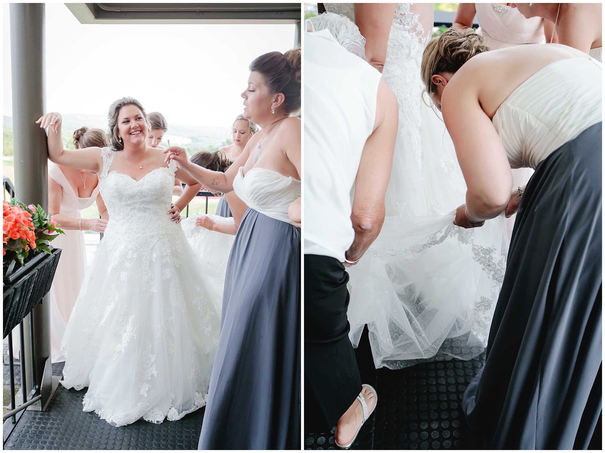 Bridesmaids bustle the bride's dress at Chestnut Ridge Golf Resort