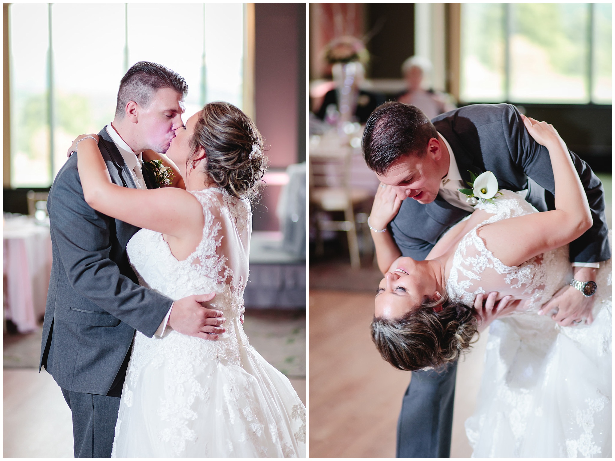 Newlyweds kiss and dip during their first dance