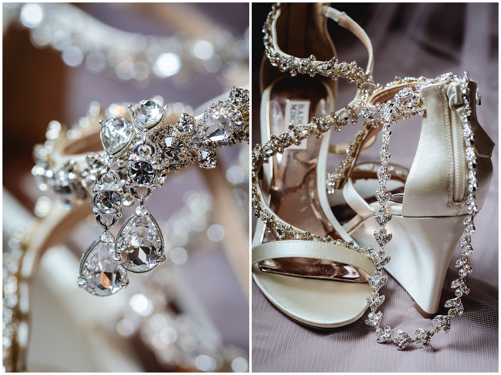 Bride's diamond jewelry hangs from her Badgely Mischka shoes