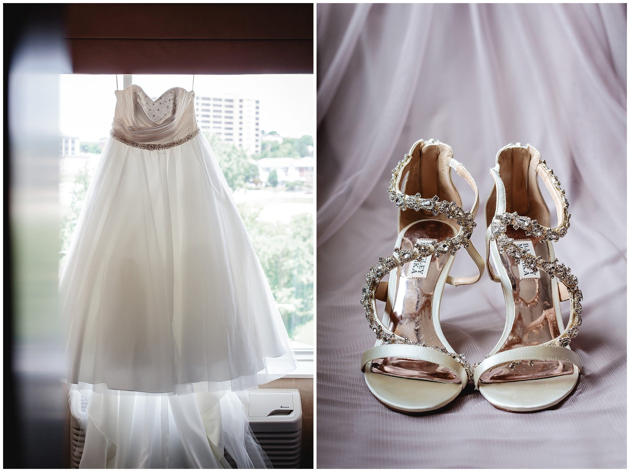 Bride's Alfred Angelo wedding dress and her Badgely Mischka wedding shoes