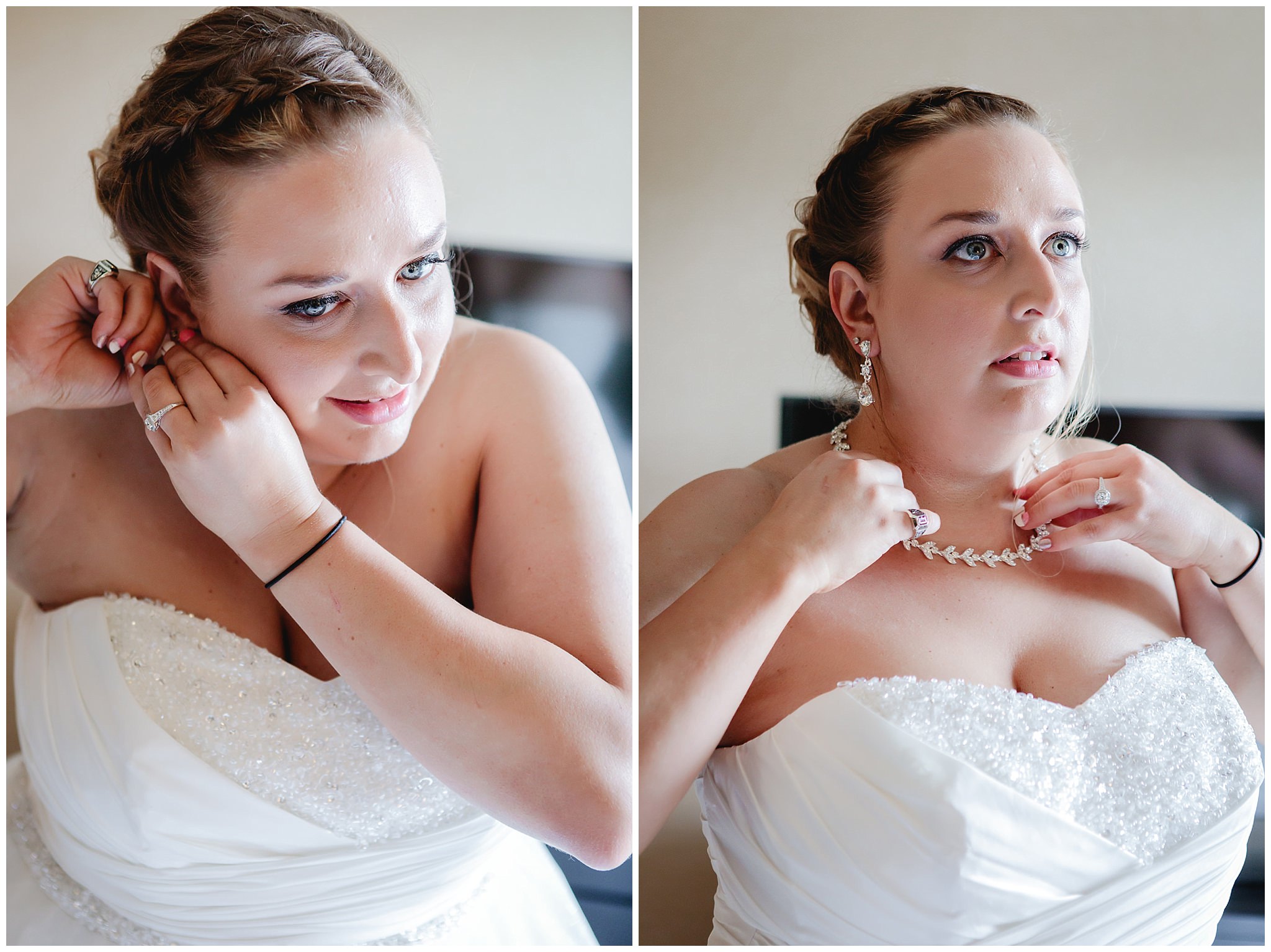 Bride puts on her jewelry before her Duquesne University wedding