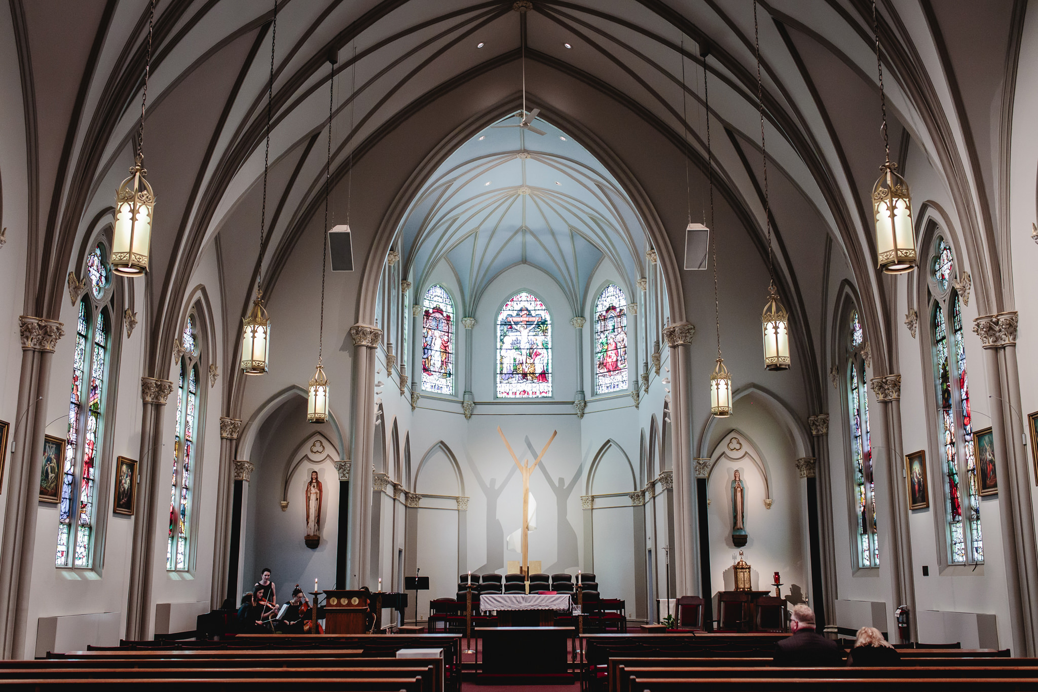 Inside Duquesne University's Chapel of the Holy Spirit before a wedding ceremony