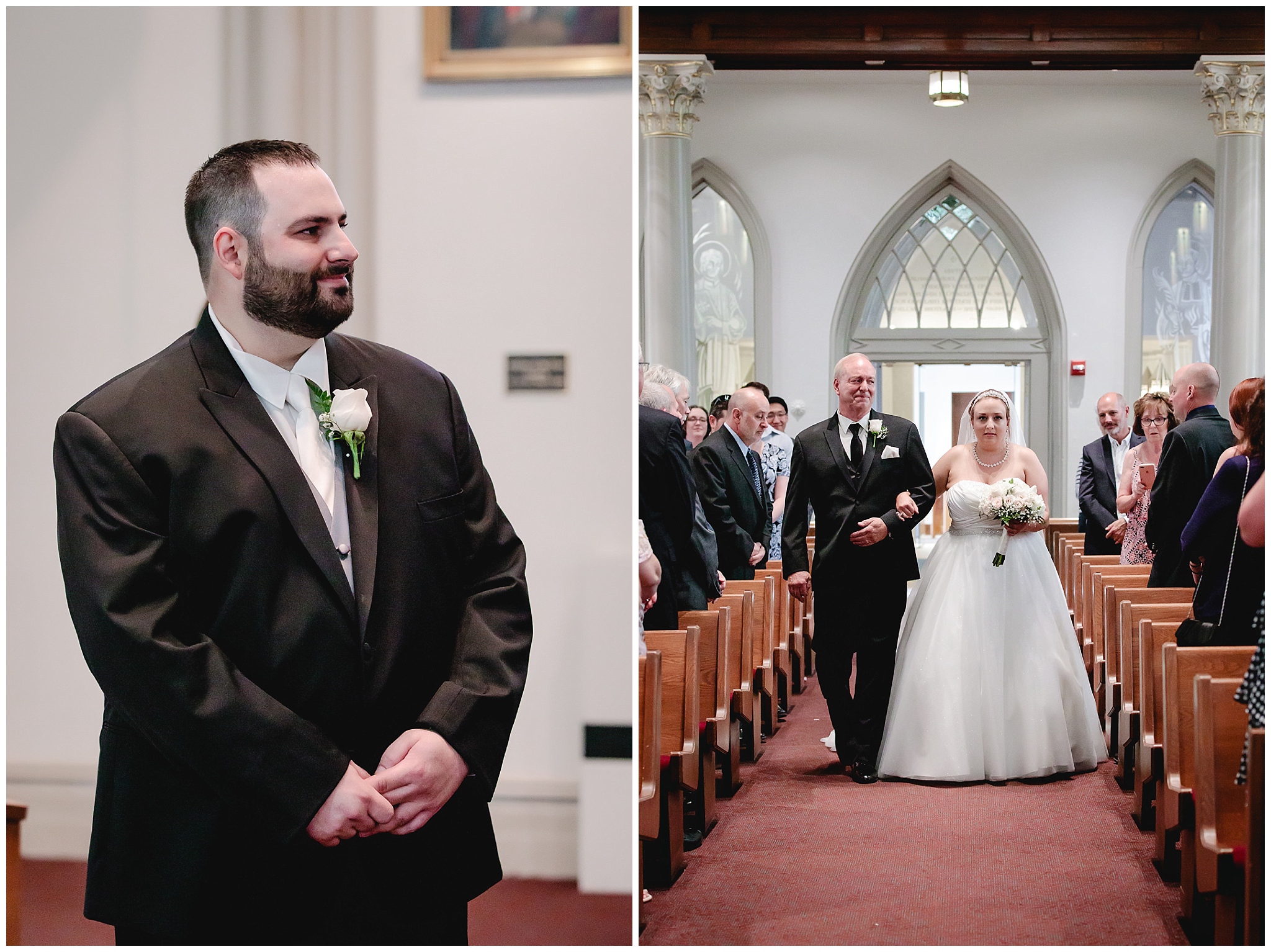 Groom sees his bride for the first time walking down the aisle