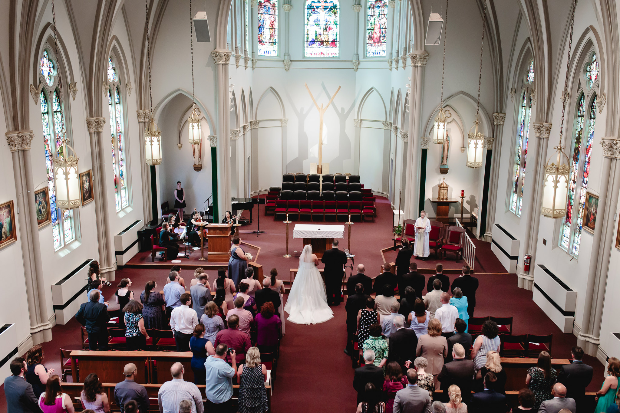 Overhead view of a Duquesne University wedding ceremony in the Chapel of the Holy Spirit