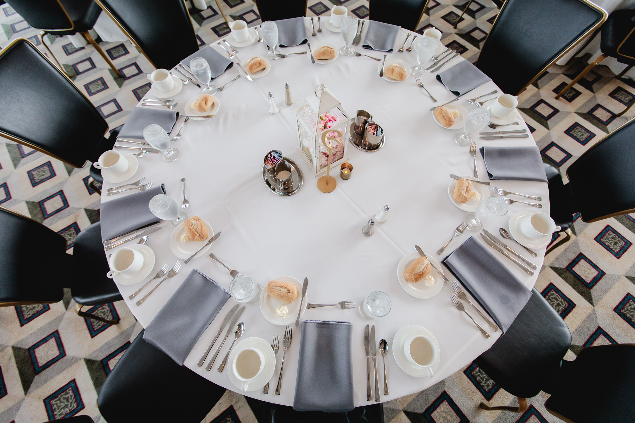 Overhead view of a table setting at a Duquesne University wedding