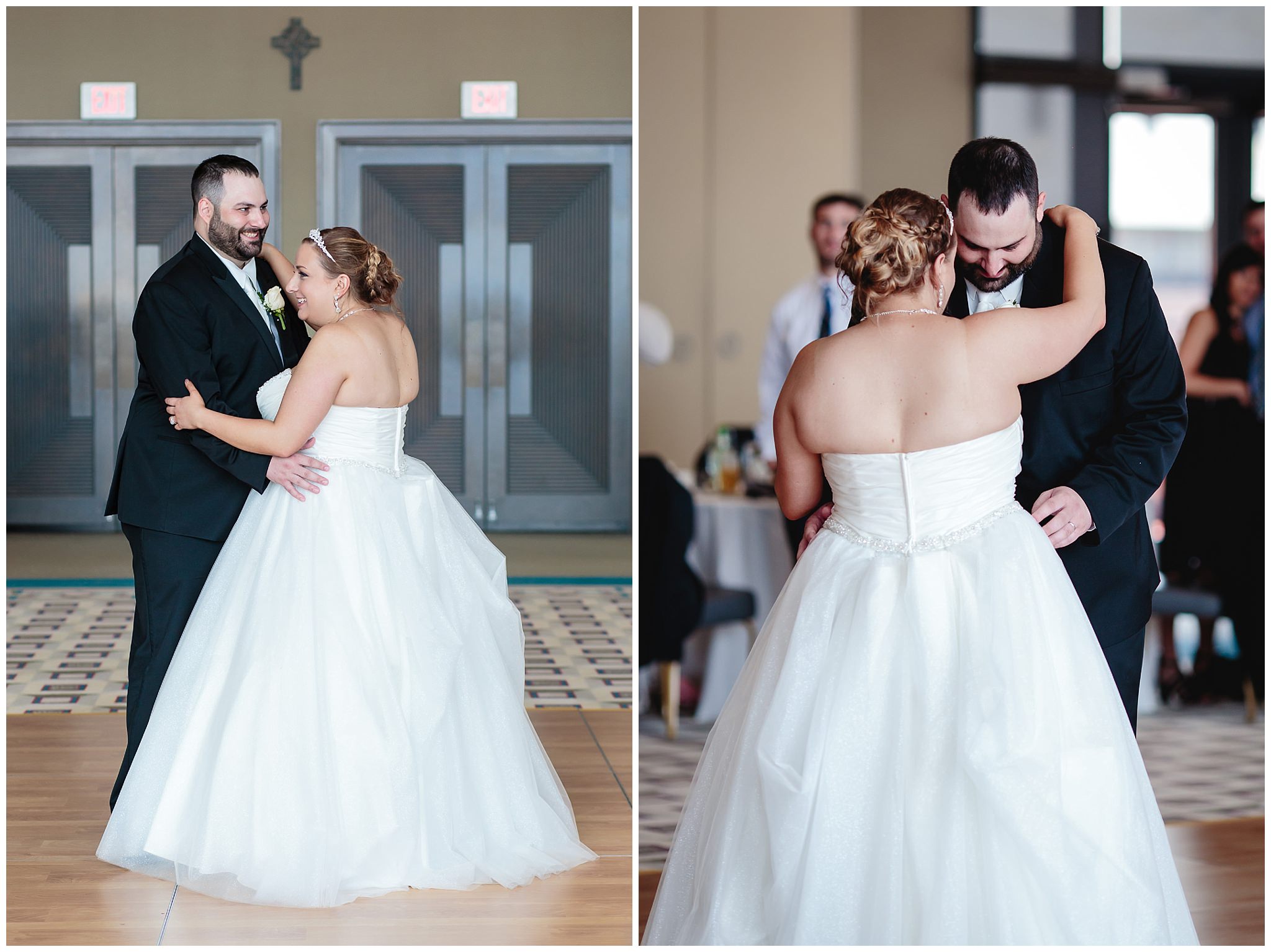 Newlyweds smiling during their first dance at Duquesne University