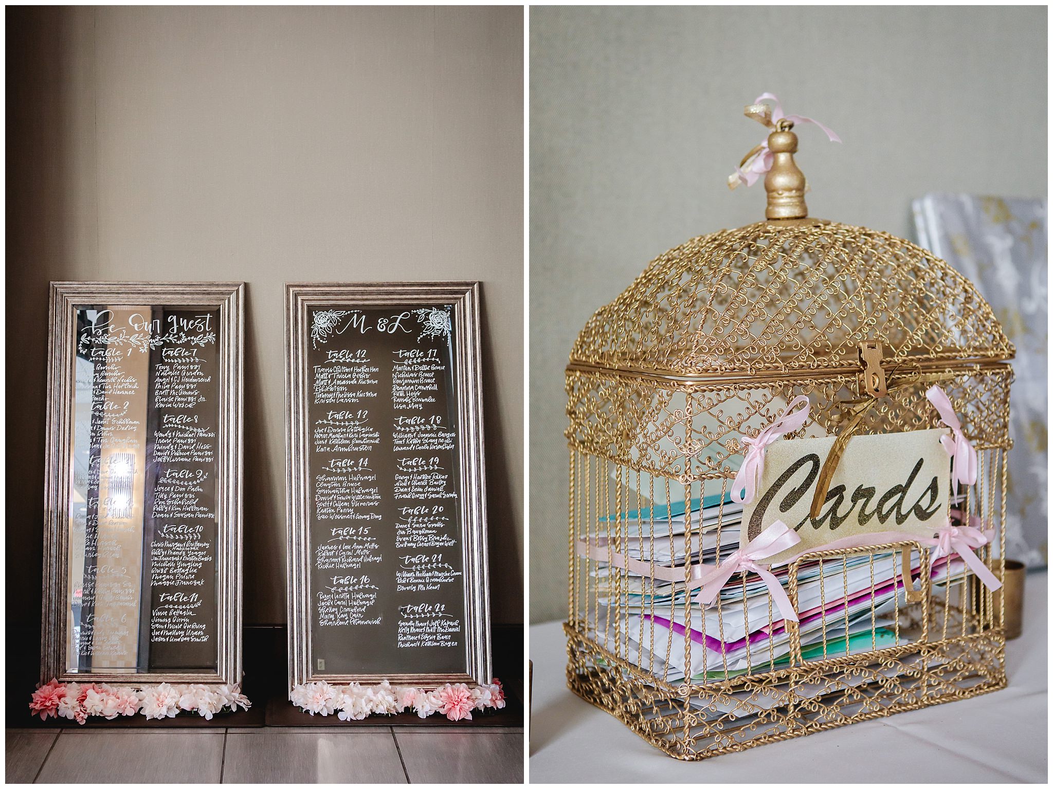 Calligraphy seating chart and birdcage card box at Duquesne University