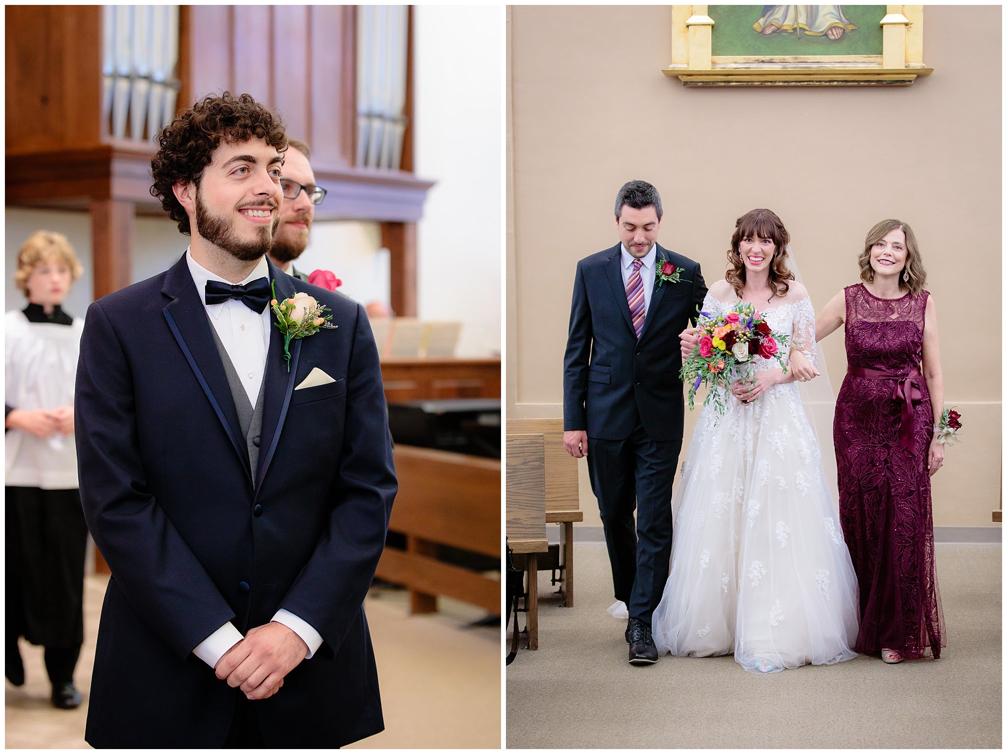 Groom smiles as the bride walks down the aisle at a Saint Monica Parish wedding