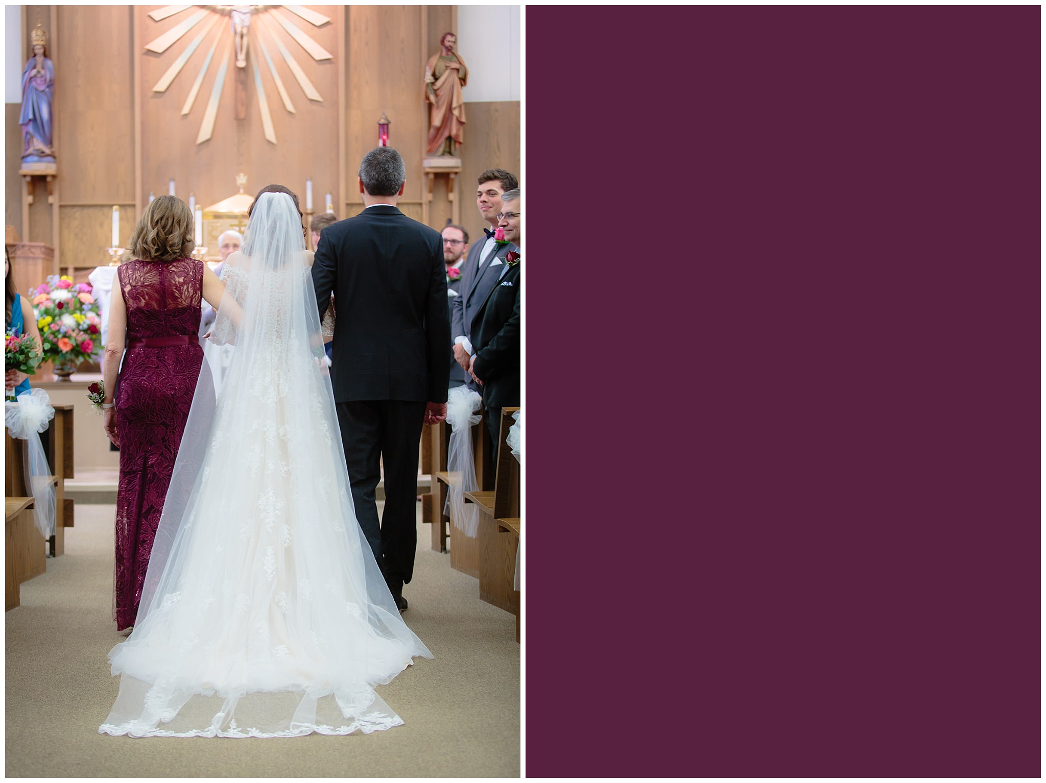 Bride's cathedral veil cascades to the floor as she walks down the aisle at Saint Monica Parish