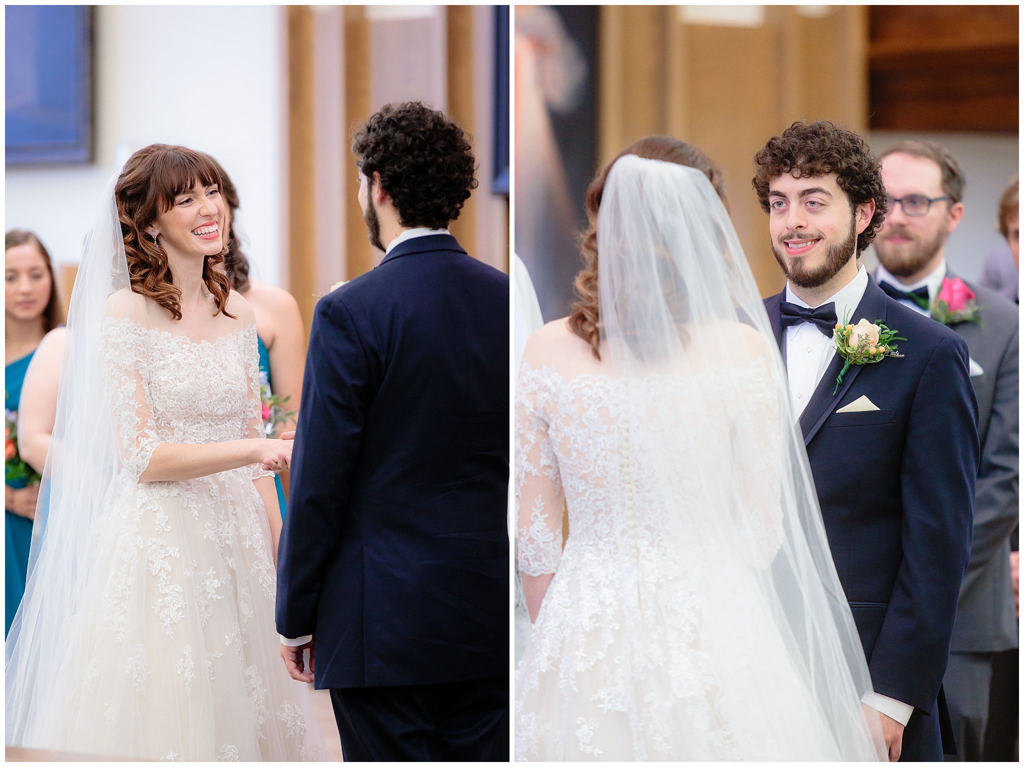 Bride & groom smile at each other during their Saint Monica Parish wedding ceremony