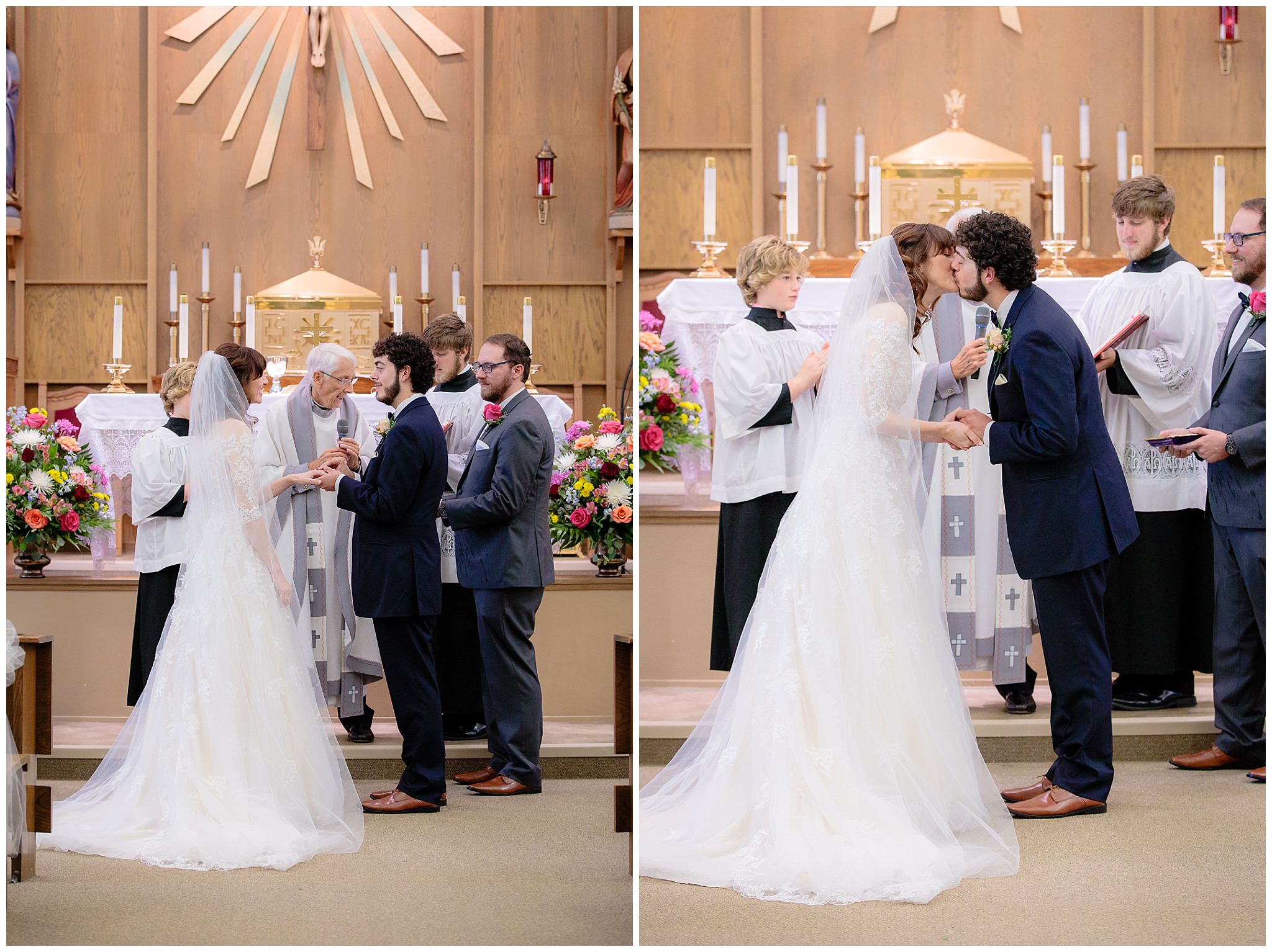 Newlyweds share a first kiss during a wedding ceremony at Saint Monica Parish