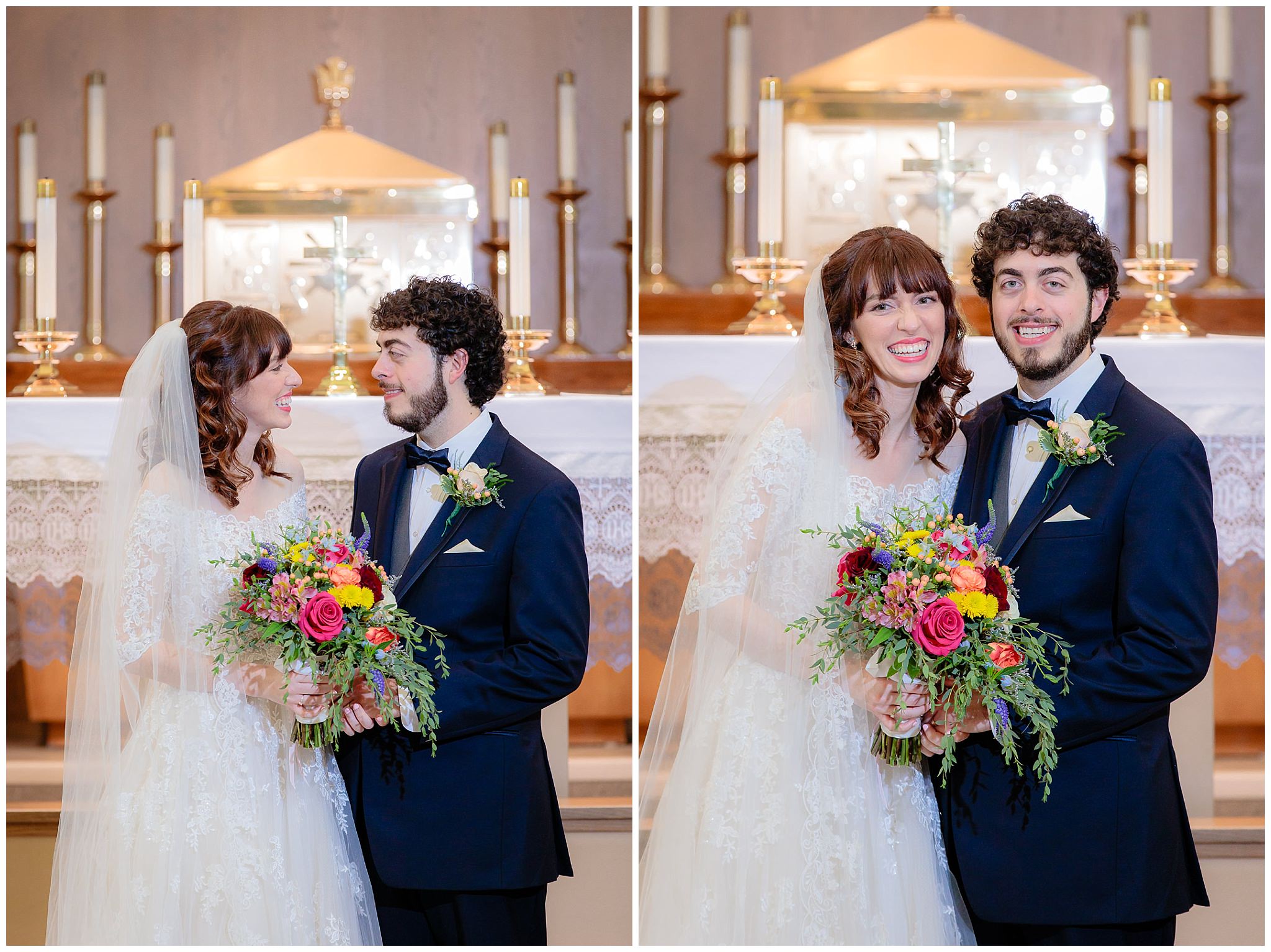 Bride & groom pose for portraits at the altar of Saint Monica Parish