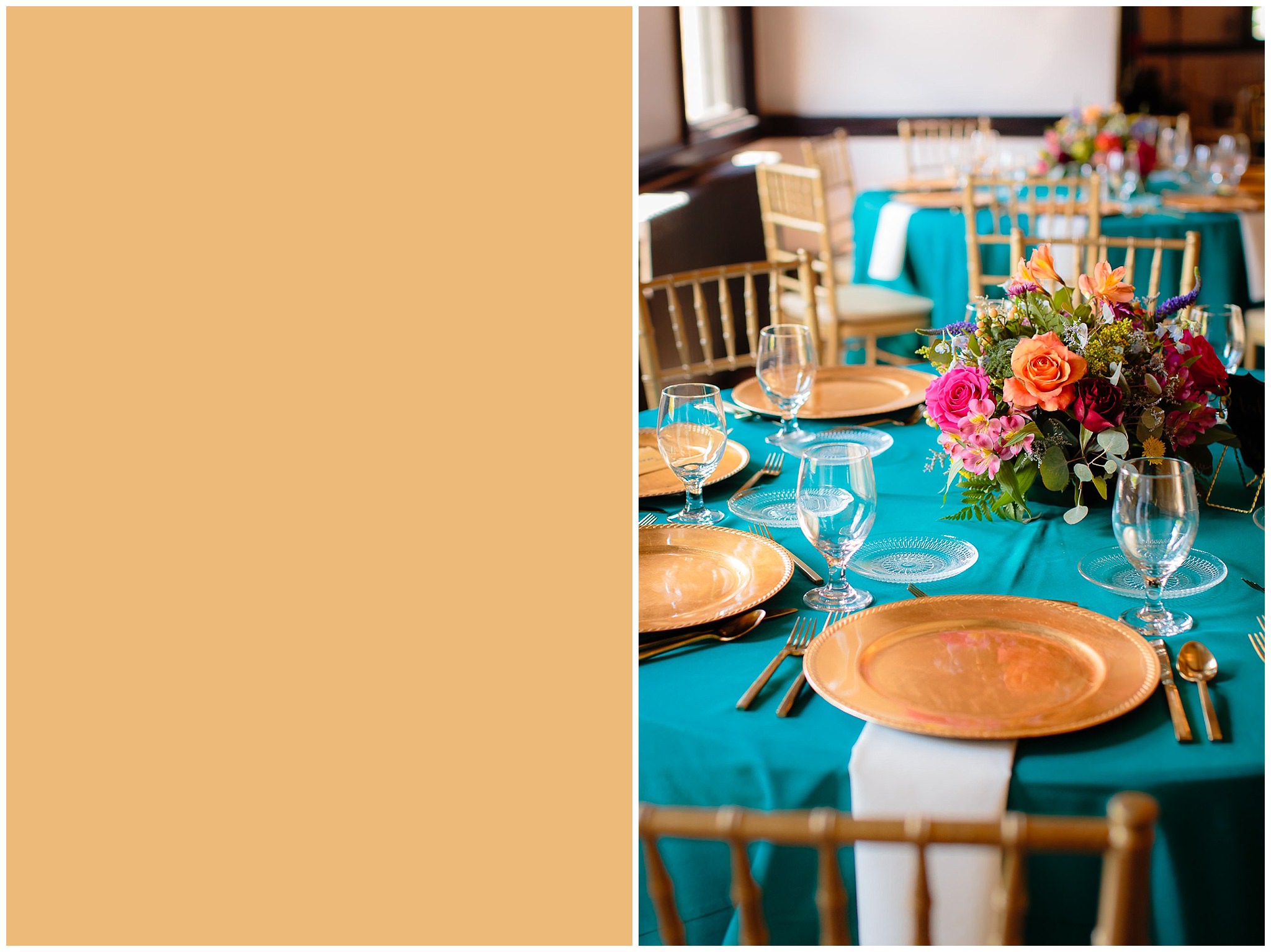 Tables decorated with turquoise centerpieces, gold charger plates, and colorful floral centerpieces at Beaver Station