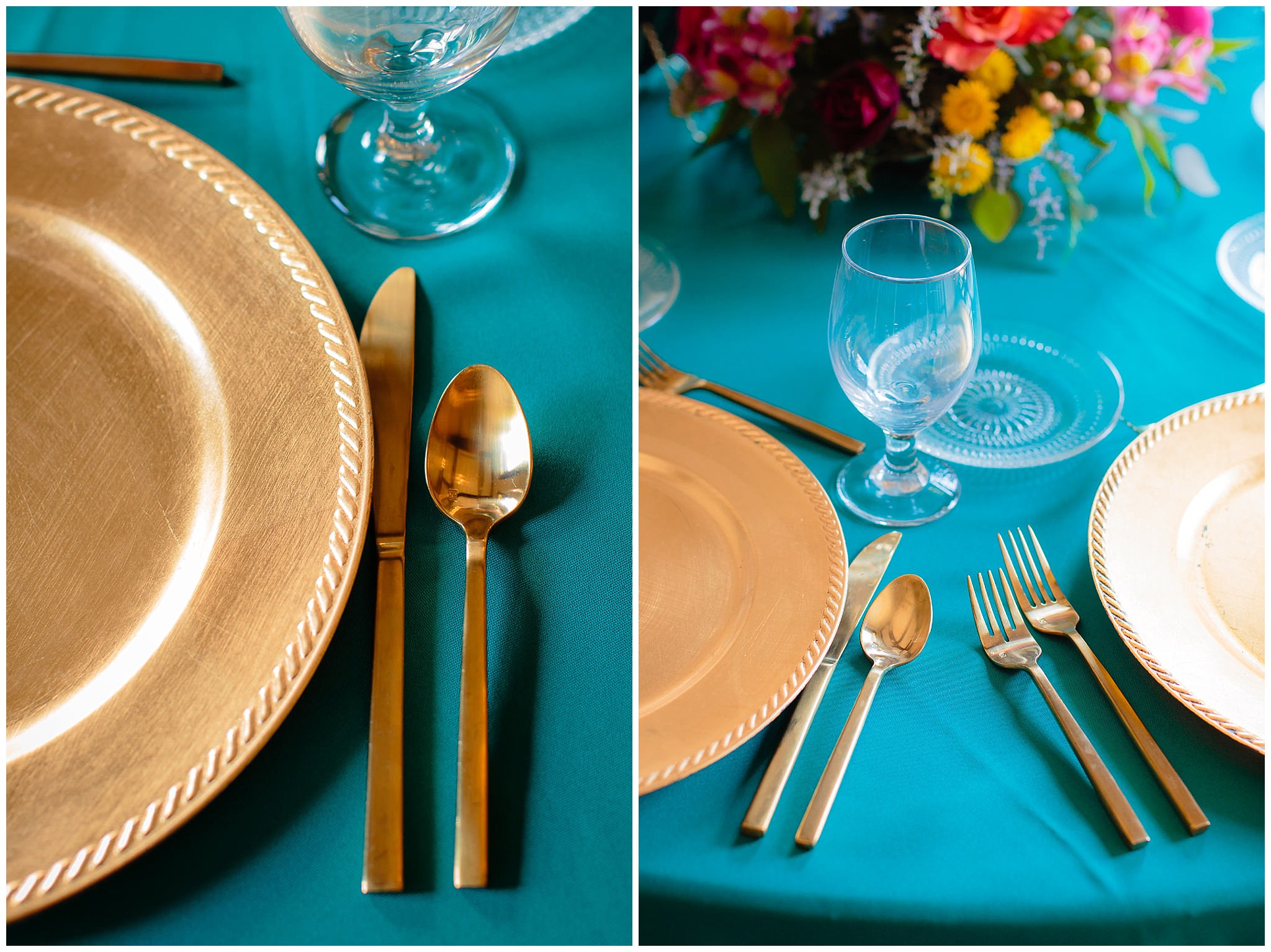 Gold charger plates and flatware on a turquoise tablecloth at a Beaver Station wedding