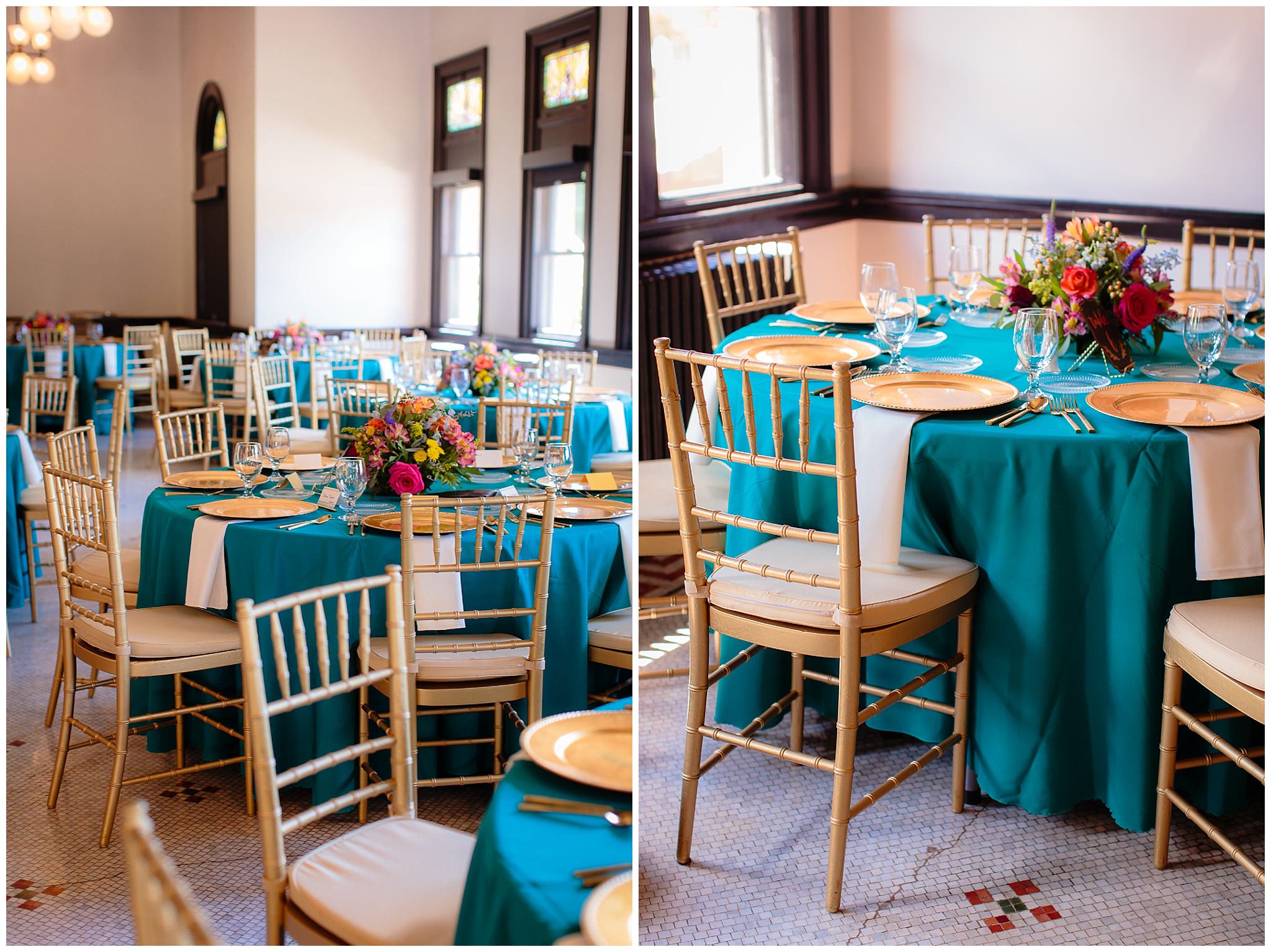 Beaver Station decorated for a colorful turquoise and gold wedding reception
