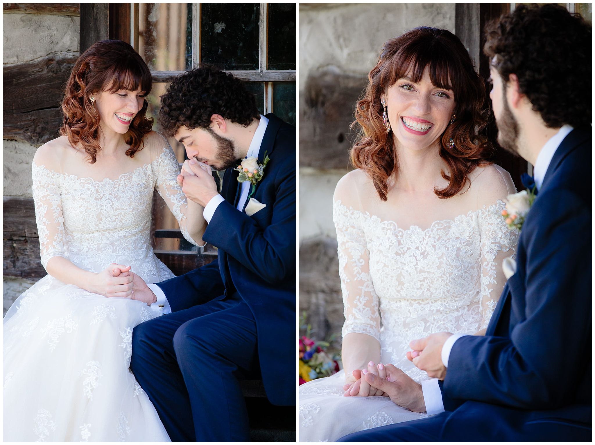 Groom kisses the bride's hand on the porch of a log cabin at Beaver Station