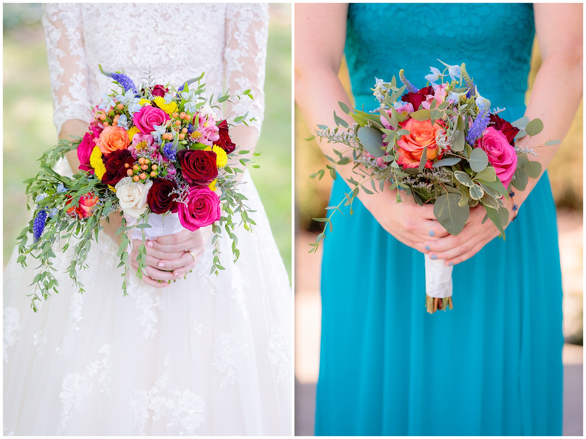 Colorful bouquets by Patti's Petals Flower Shop against bride & bridesmaid's dresses