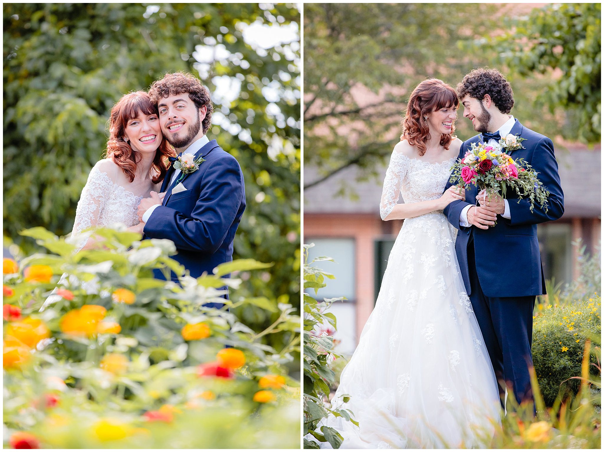 Newlyweds pose in the flower beds in golden hour light at Beaver Station