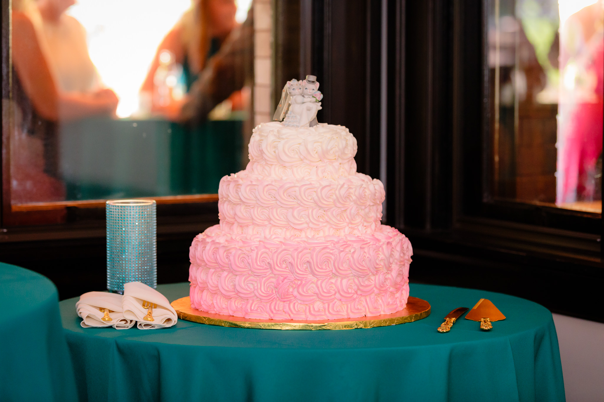 Pink ombre wedding cake with cat cake toppers by Kretchmar's Bakery at Beaver Station