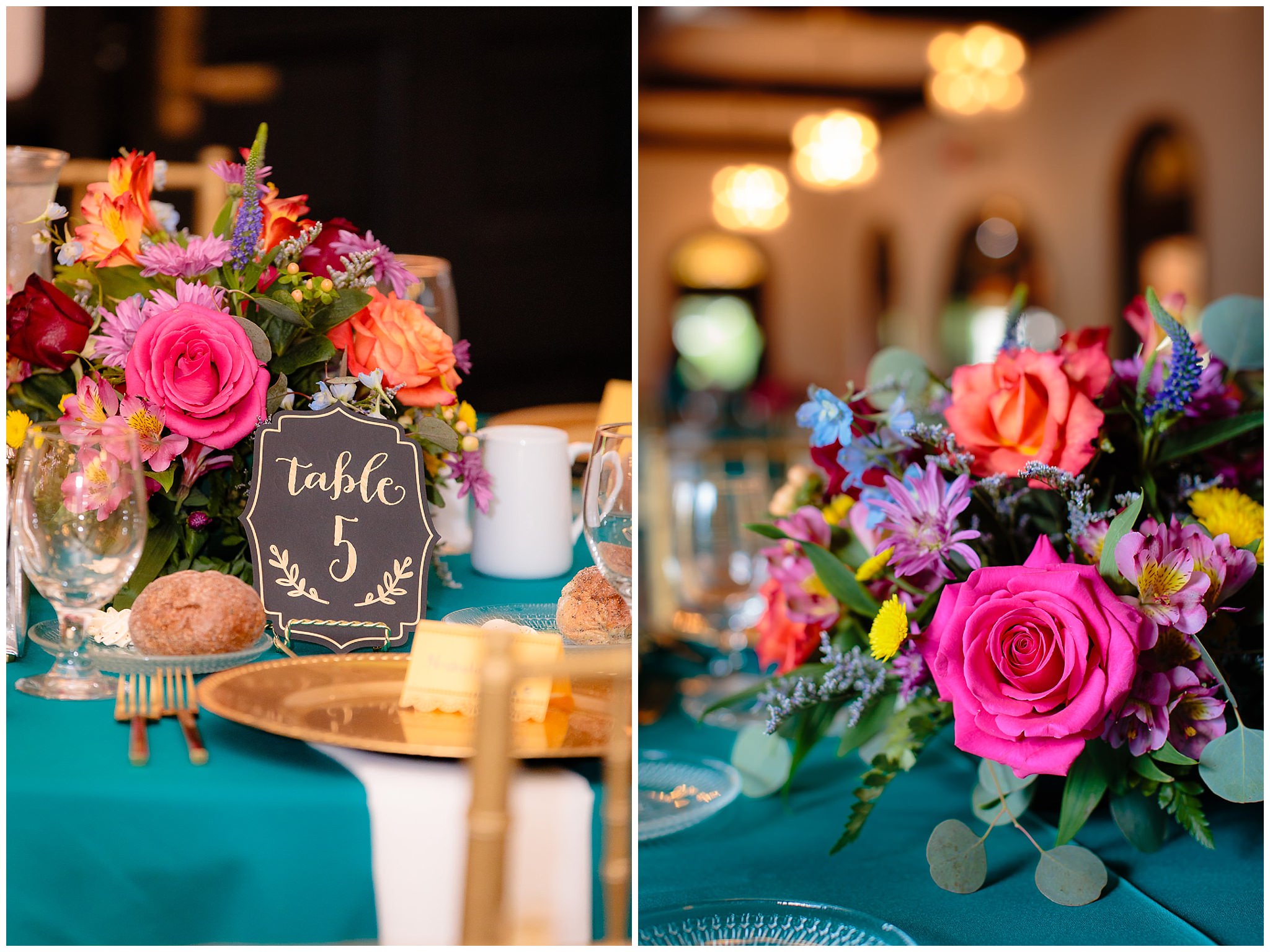 Colorful floral centerpieces by Patti's Petals Flower Shop at a Beaver Station wedding