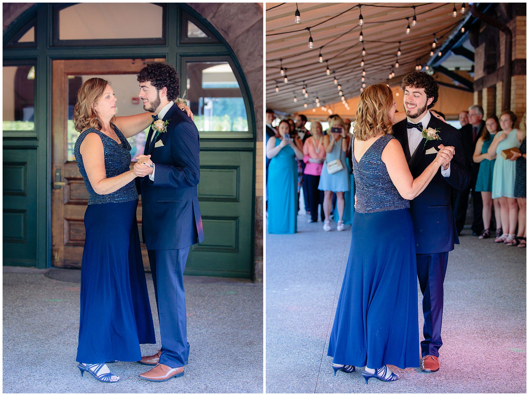 Mother-son dance on the patio at a Beaver Station wedding