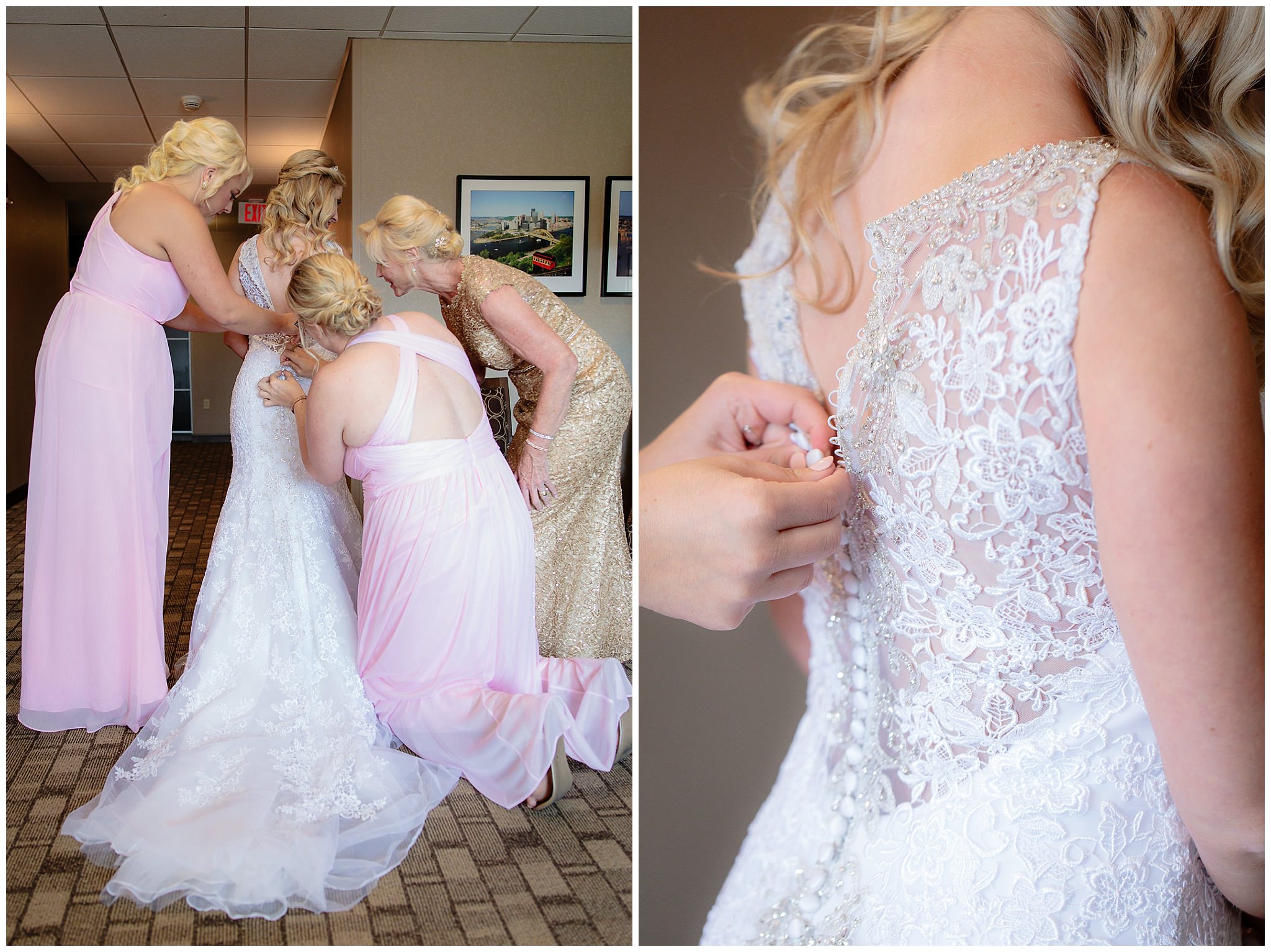 Bridesmaids help the bride into her dress before her Duquesne University wedding ceremony