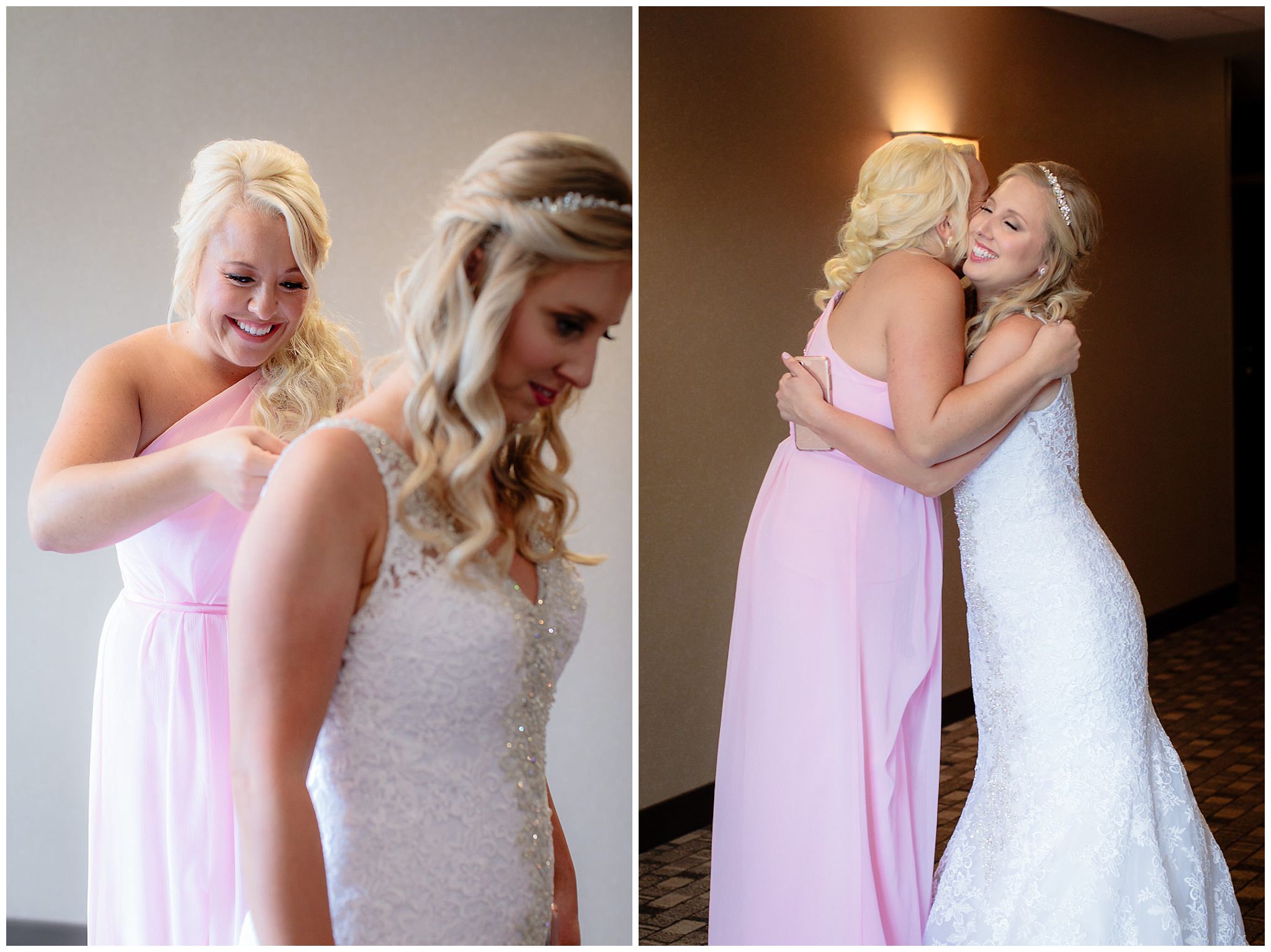 Maid of honor hugs bride before a Duquesne University wedding ceremony