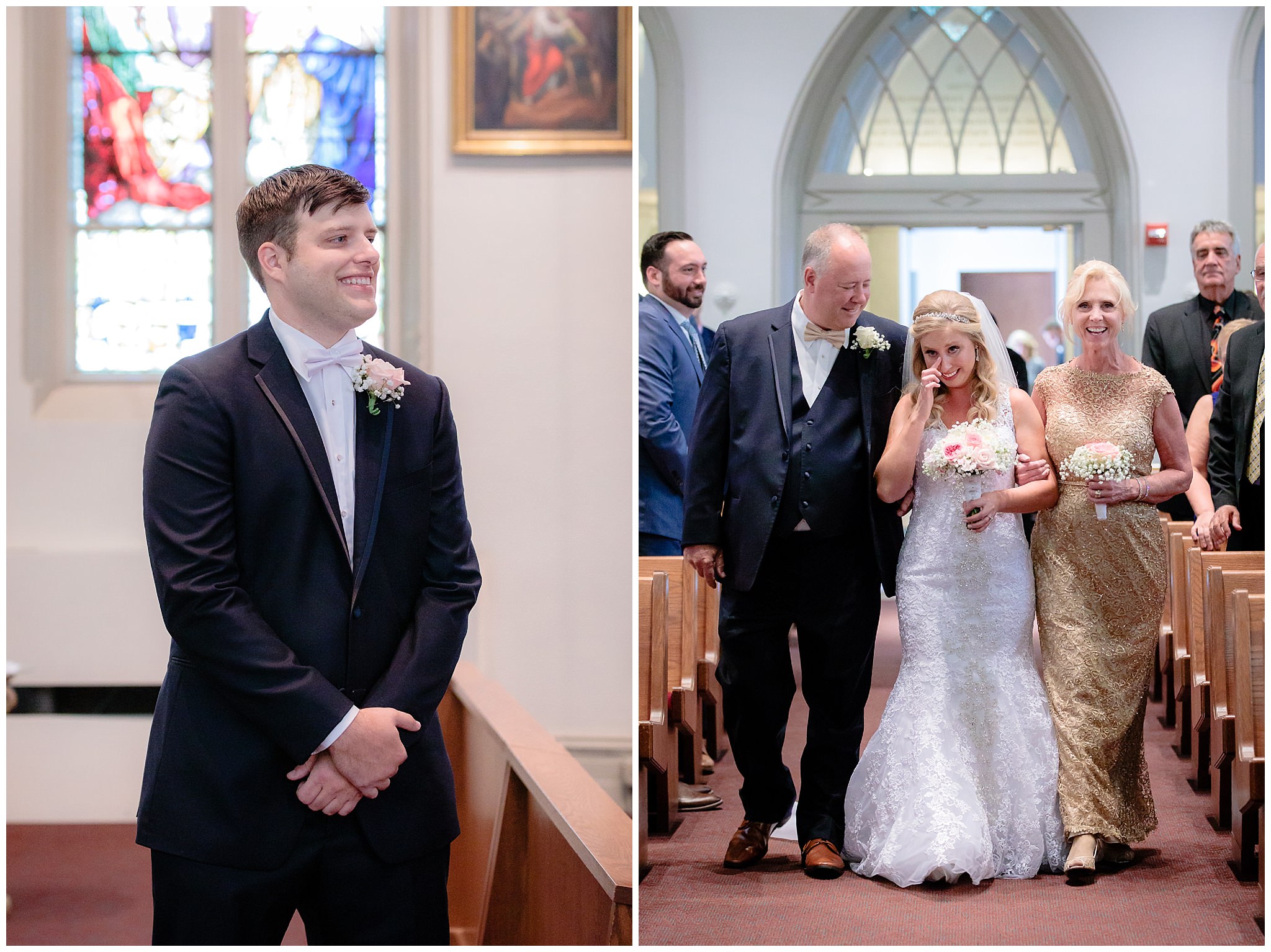 Groom smiles as his bride walks down the aisle at Duquesne University