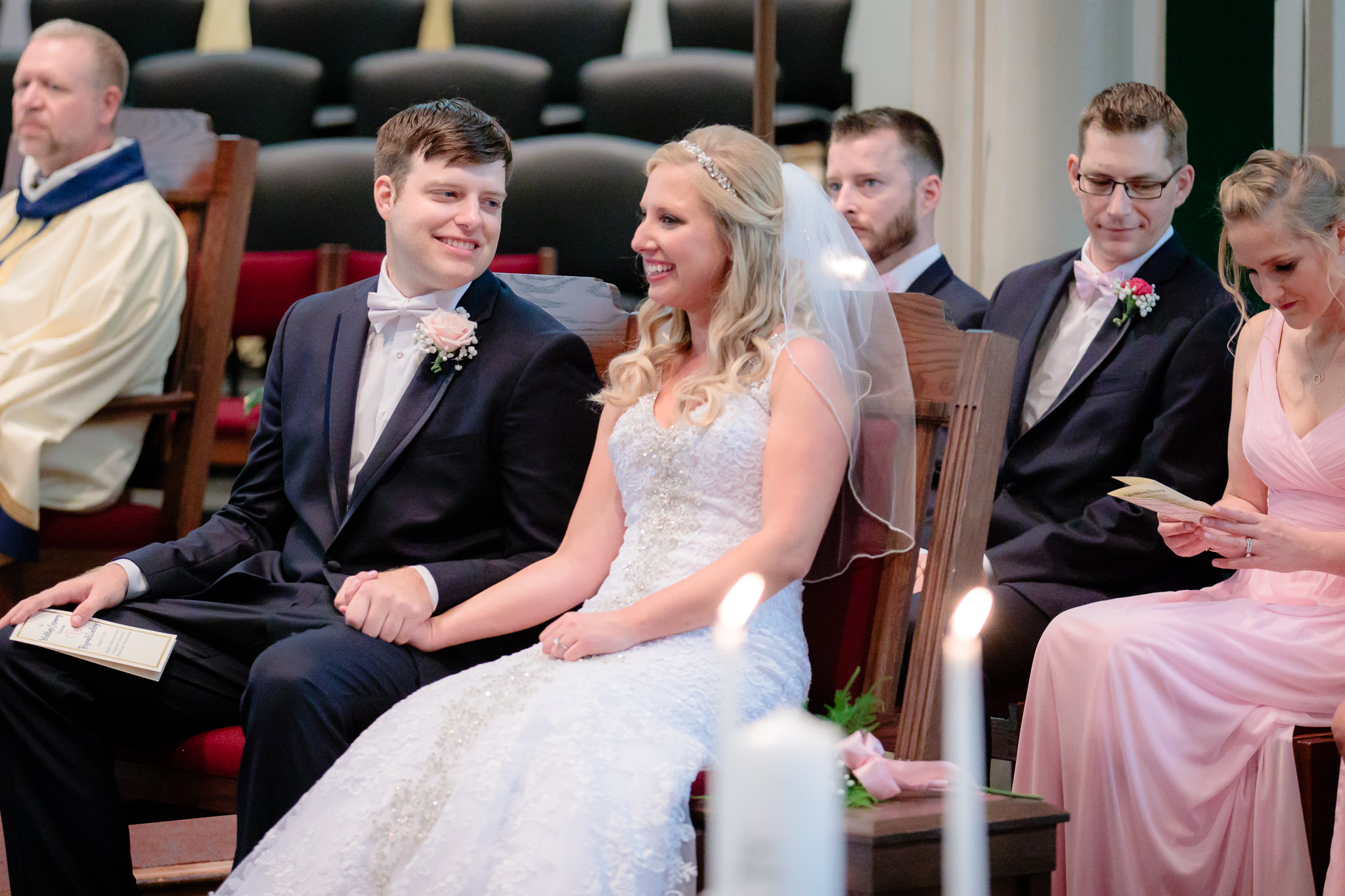 Bride & groom smile at each other during their Chapel of the Holy Spirit wedding at Duquesne University