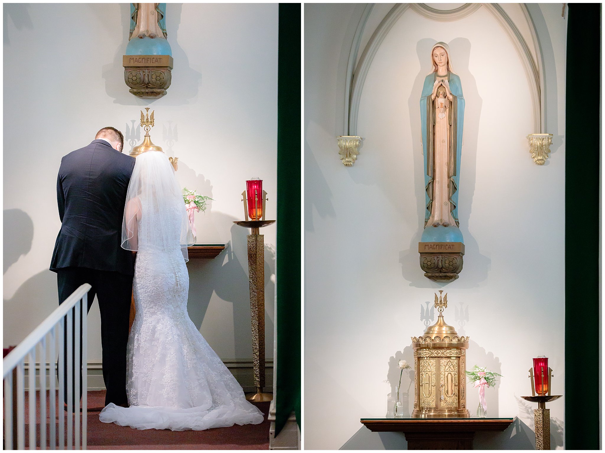 Bride & groom take roses to Mary during their Duquesne University wedding ceremony