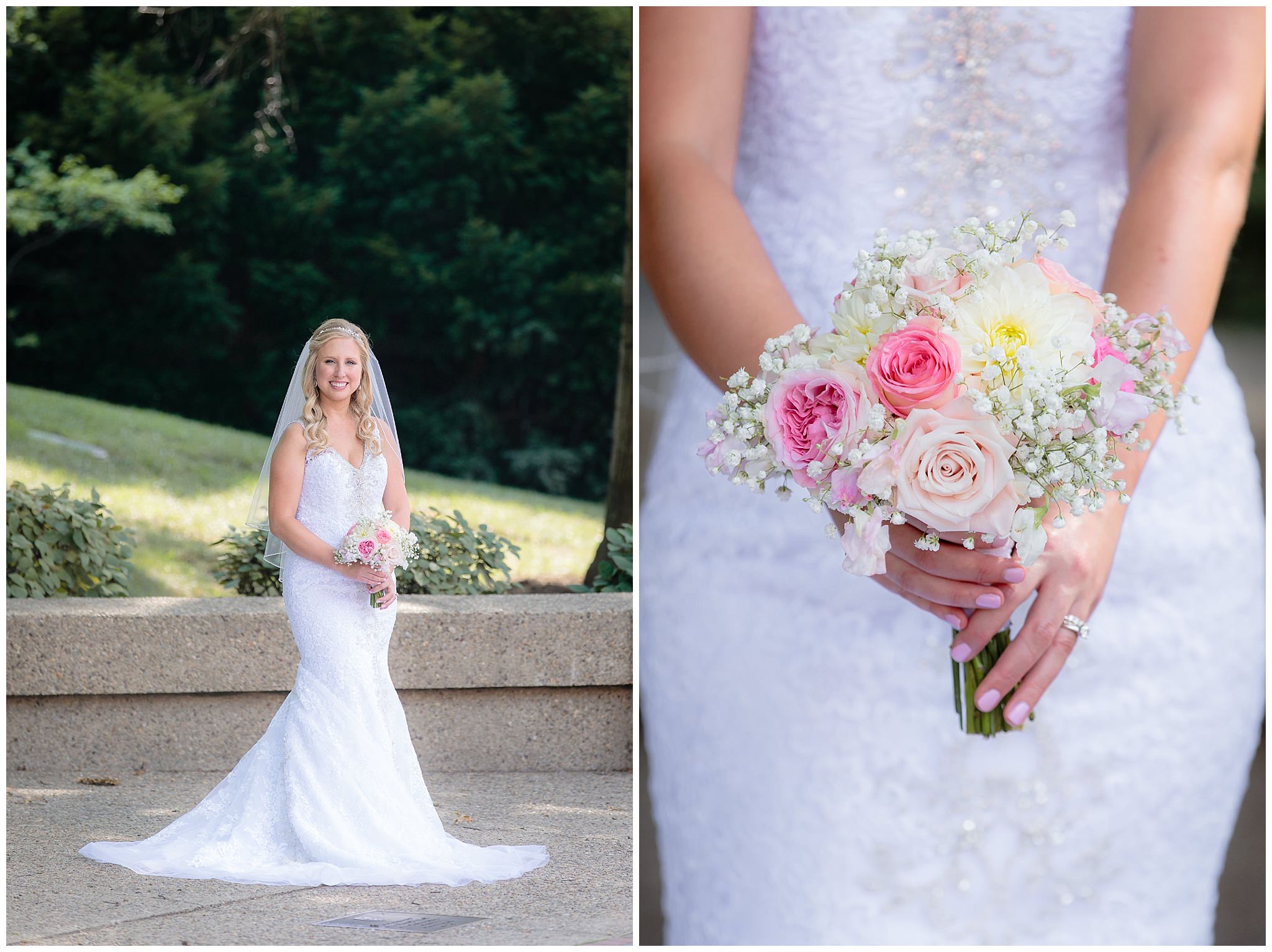 Bride holds pink bouquet by Fields of Heather at Duquesne University