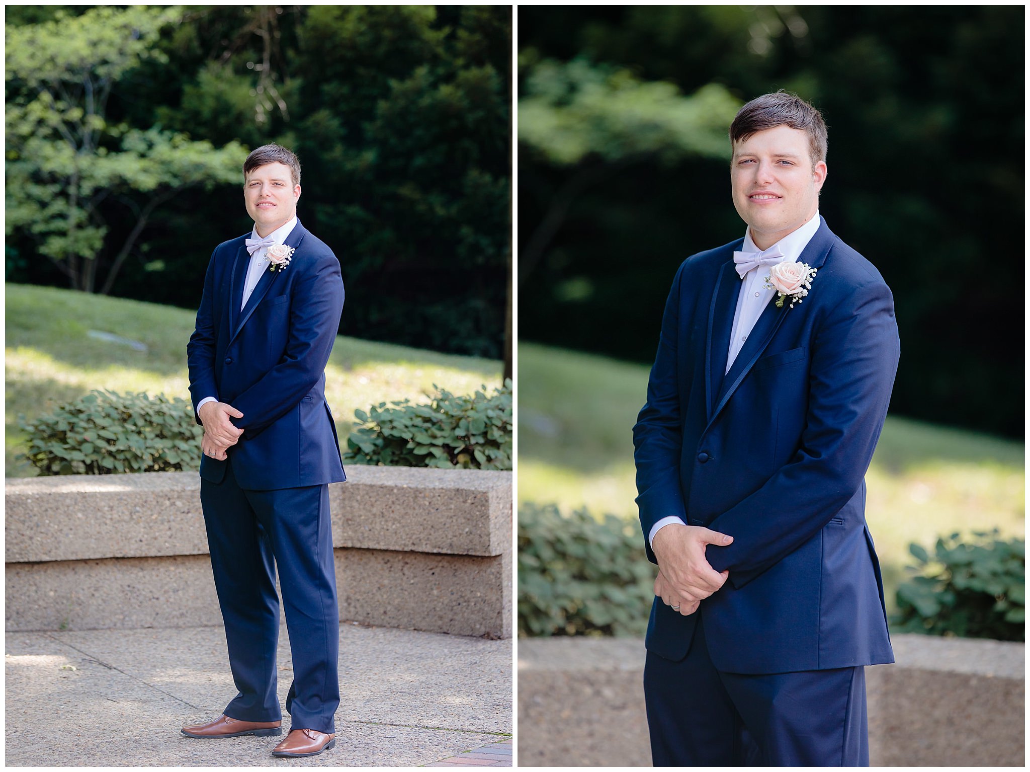 Groom poses in his blue tux from Men's Wearhouse at Duquesne University