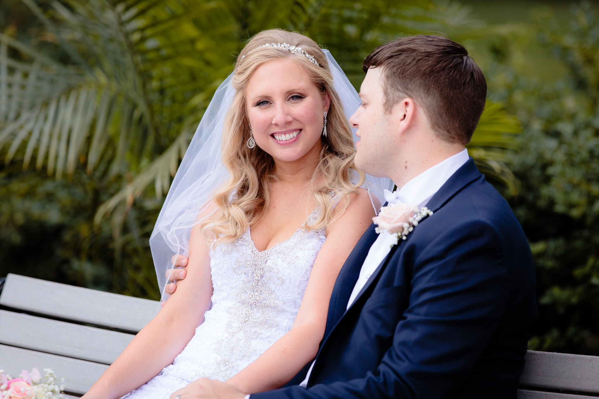 Bride smiles with her groom at Duquesne University