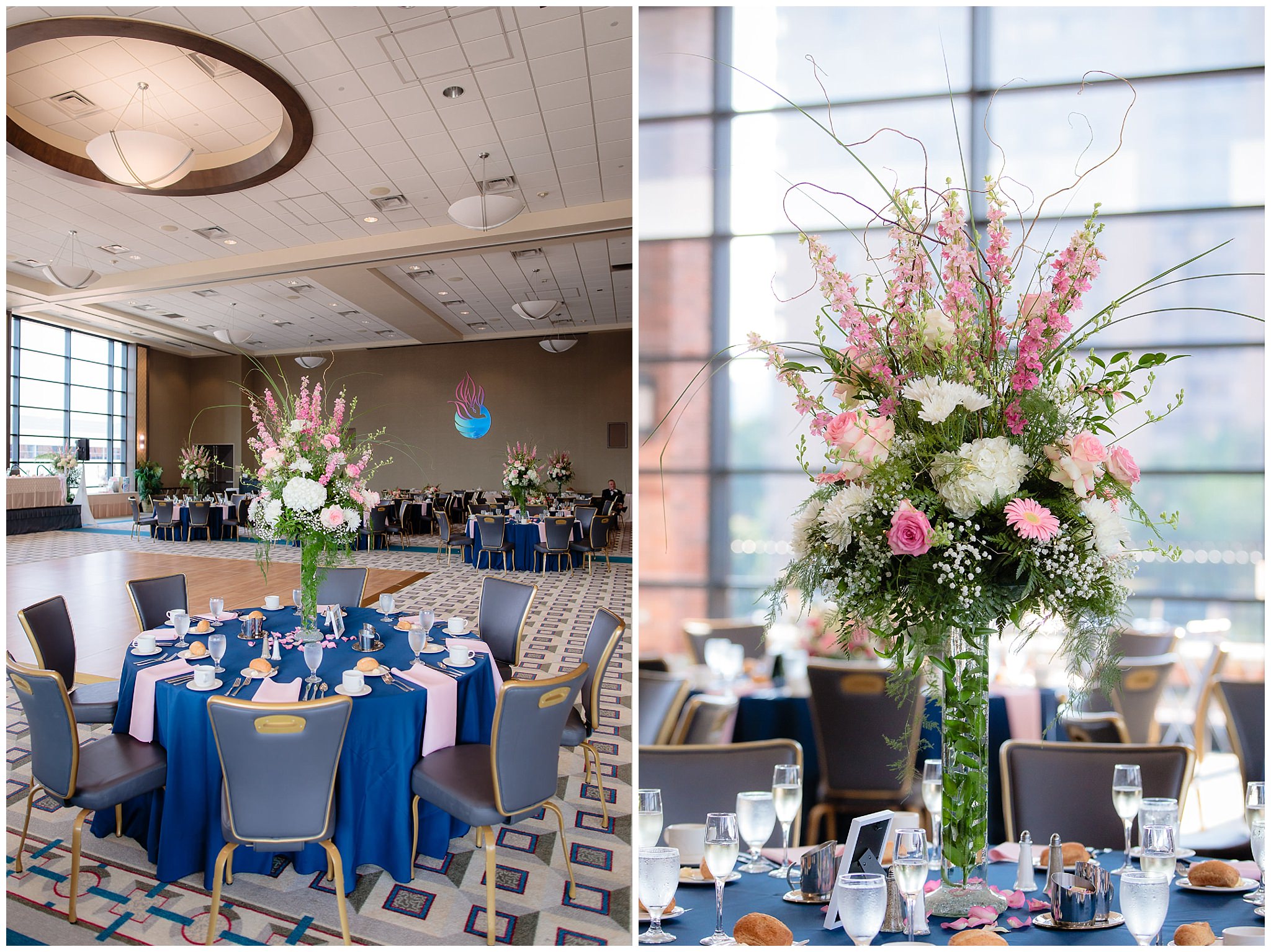 Navy and pink floral decor at a Duquesne University wedding reception