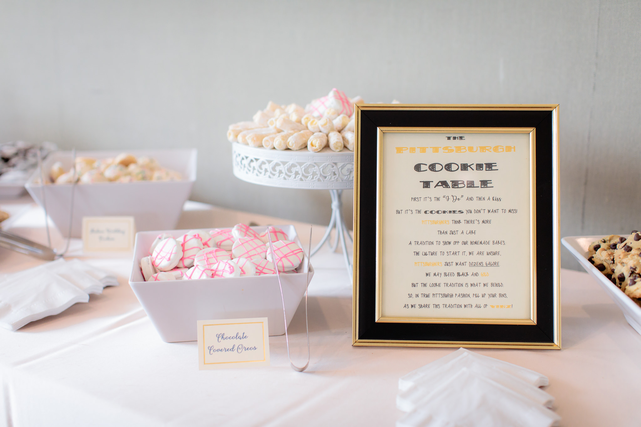 Pittsburgh cookie table sign at a Duquesne University wedding reception