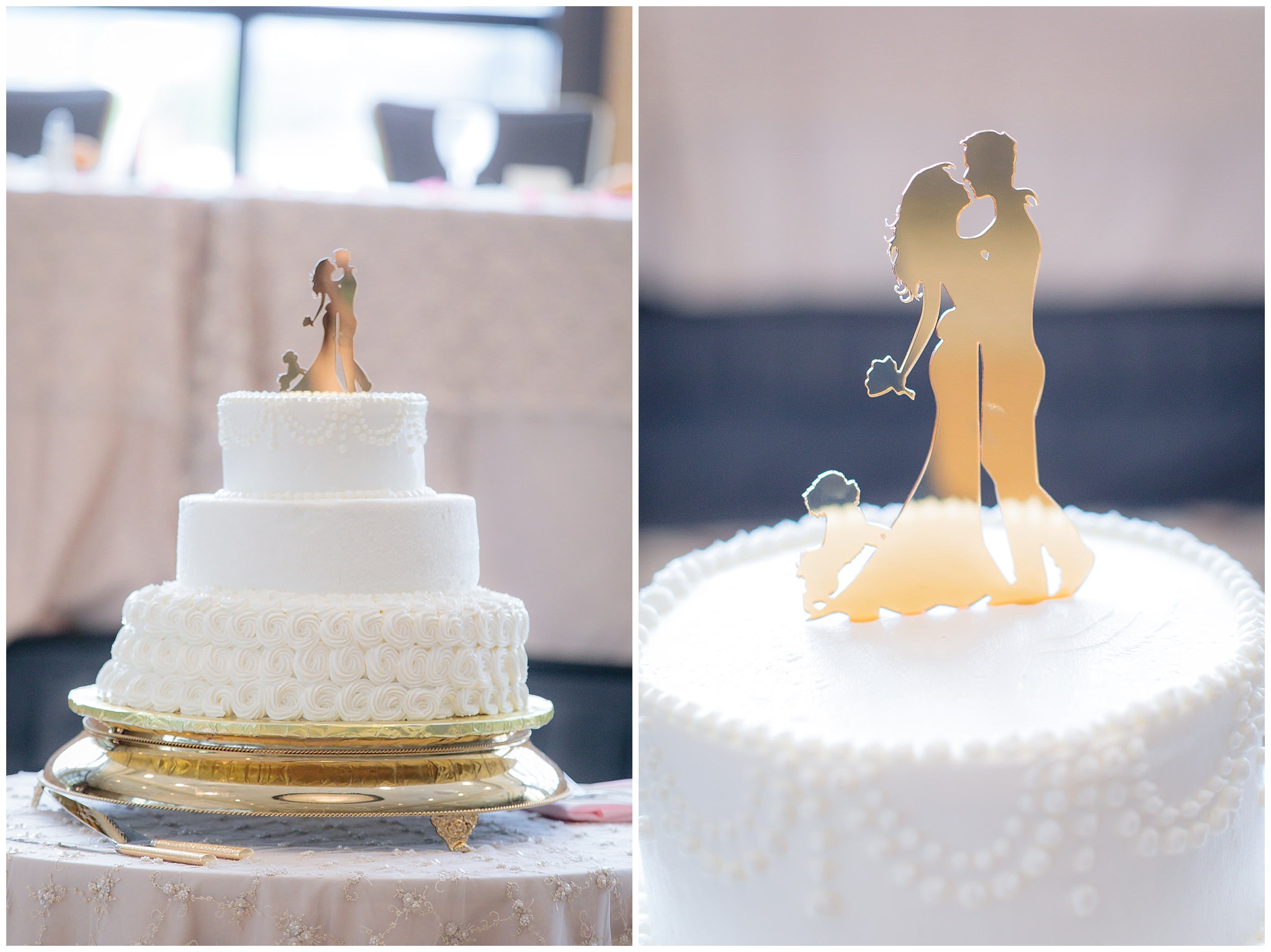 Wedding cake with gold cake topper at a Duquesne University reception