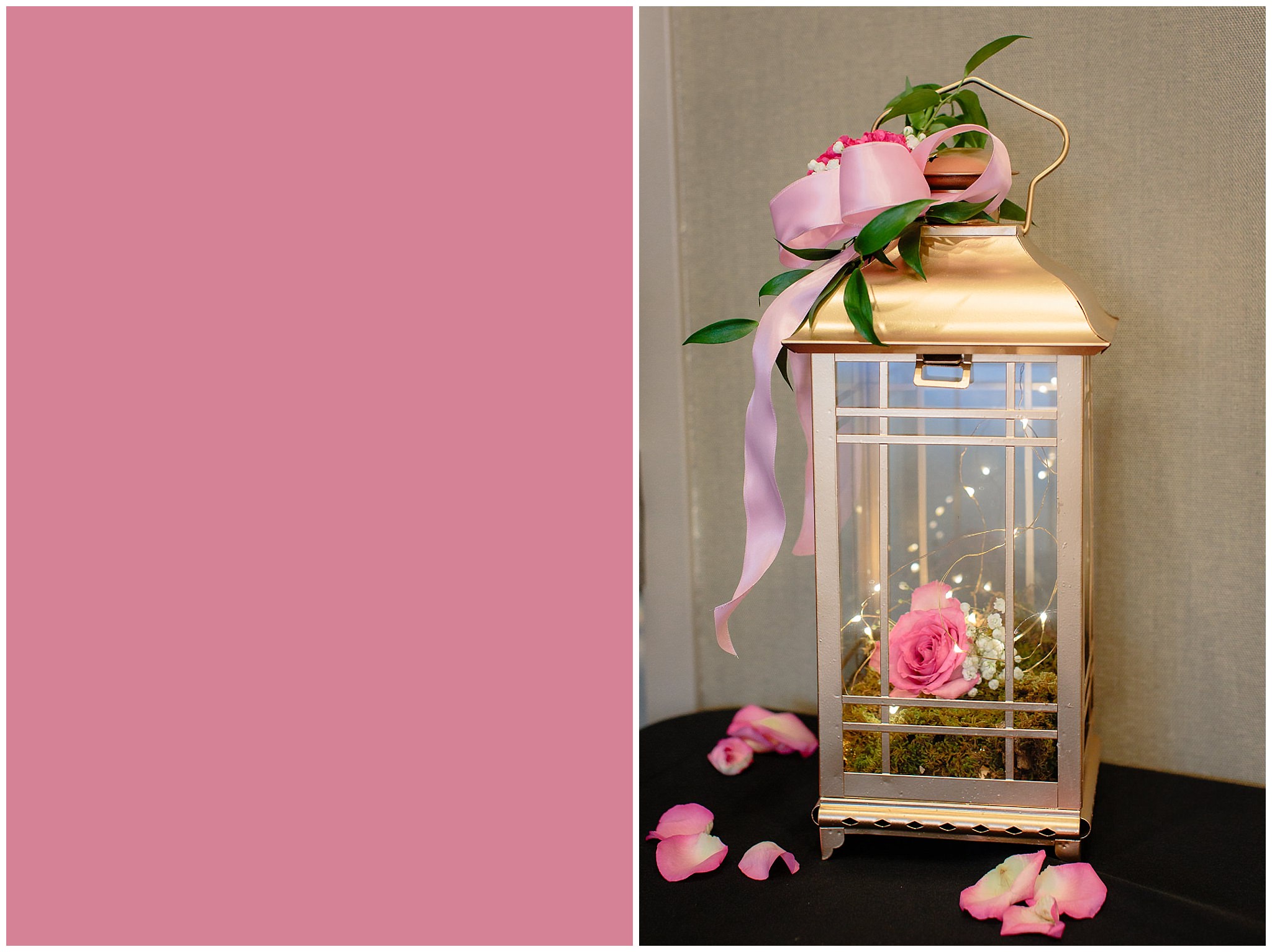 Gold lantern with pink roses at a Duquesne University wedding