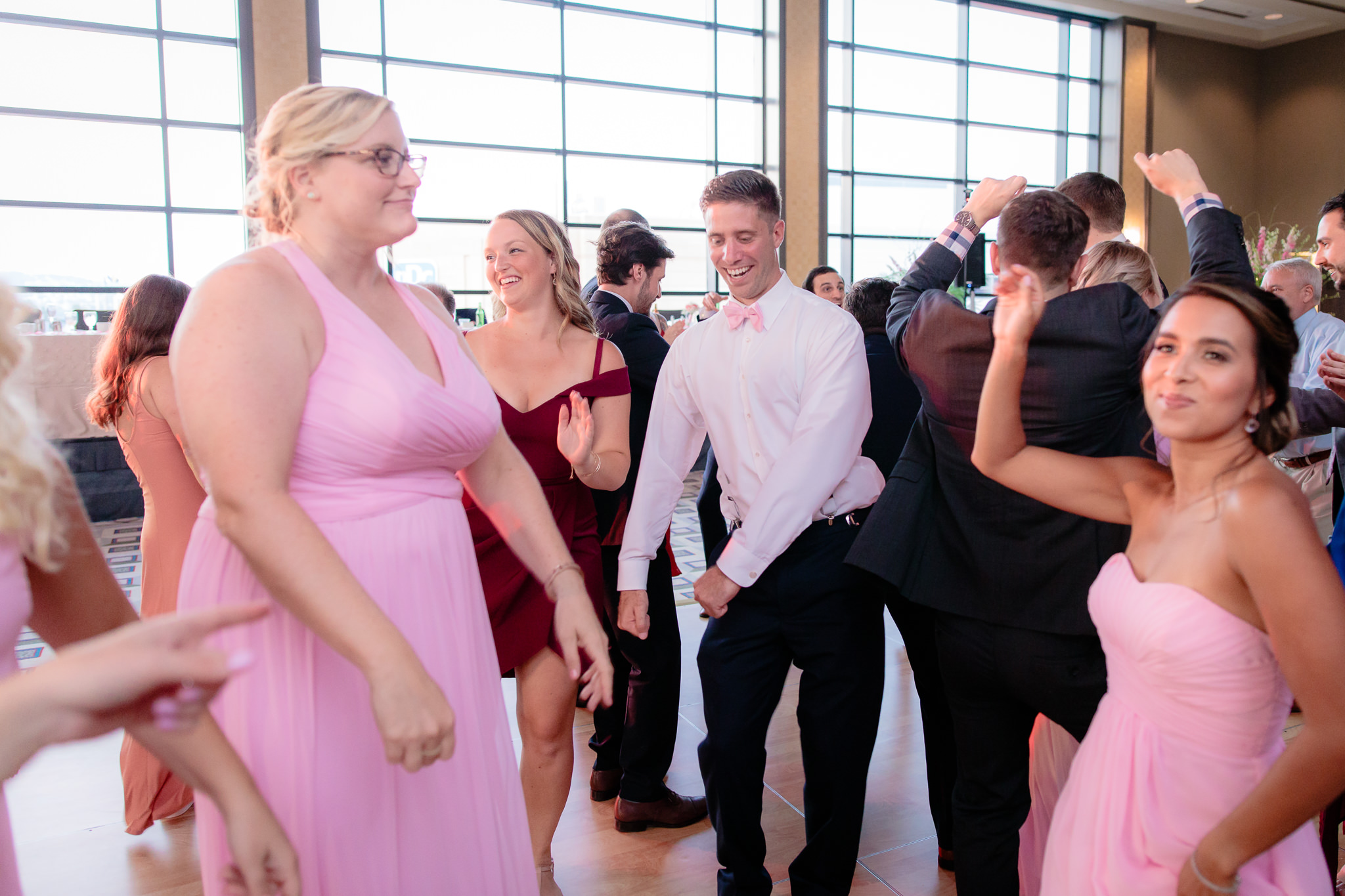 Bridal party dances at a wedding reception at Duquesne University