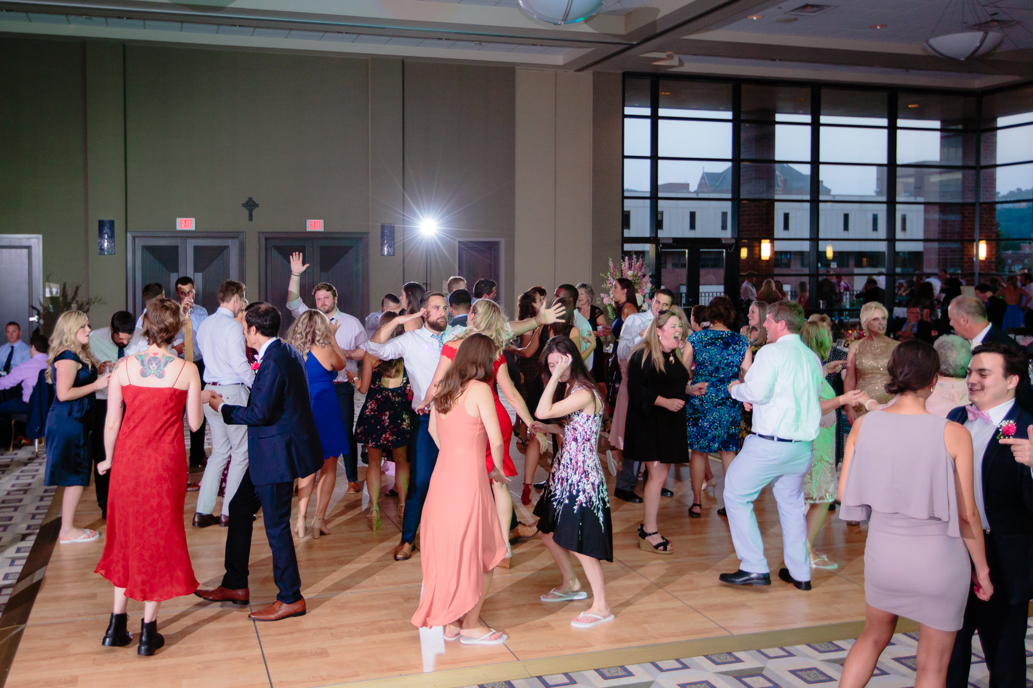 Packed dance floor for a Duquesne University wedding reception in the Charles J. Dougherty ballroom