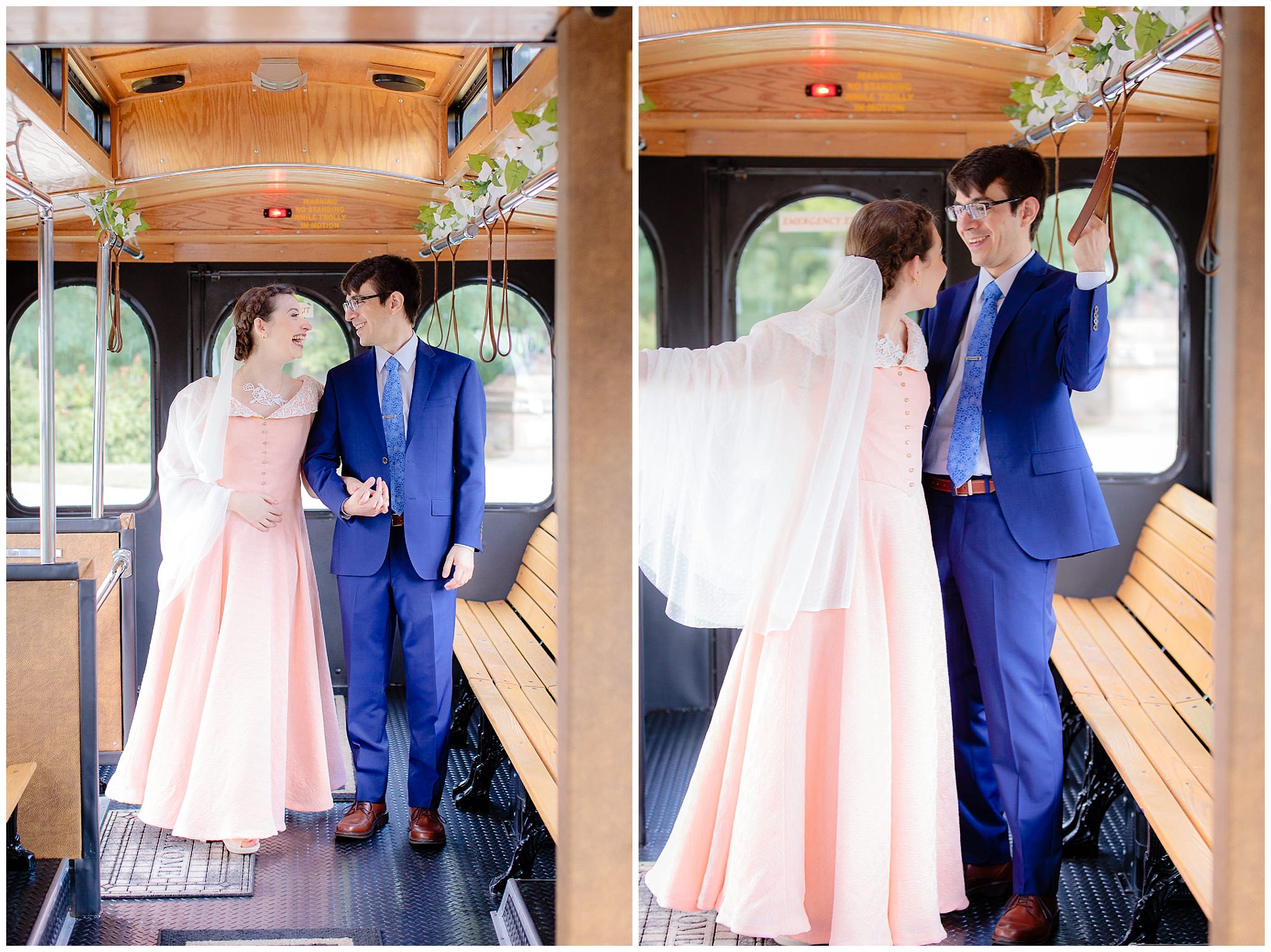 Bride & groom laugh in a Vogue Limousines trolley before their Phipps Conservatory wedding