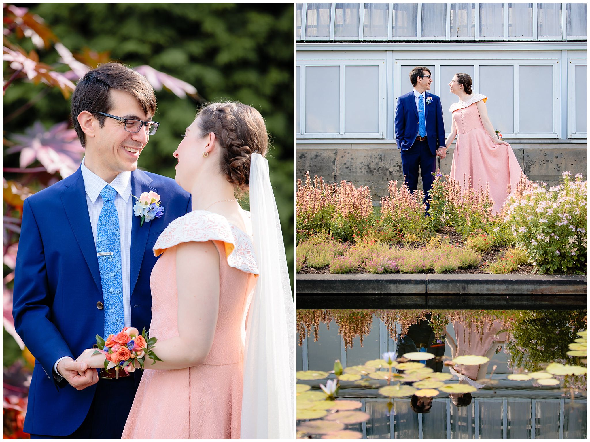 Bride & groom portraits in the flower beds at Phipps Conservatory