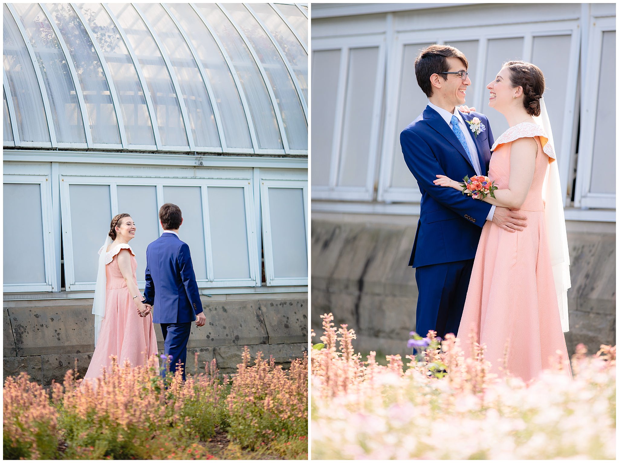 Bride & groom walk and laugh in the flower beds at Phipps Conservatory