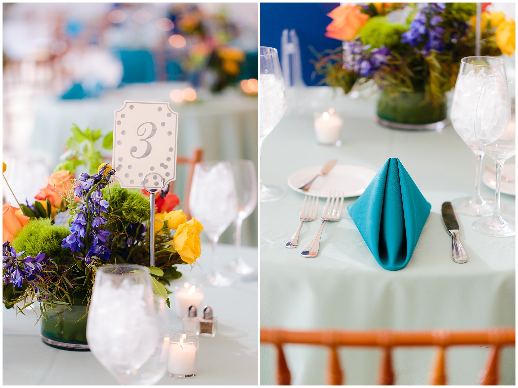 Color turquoise, orange, yellow, & red wedding reception details at Phipps Conservatory