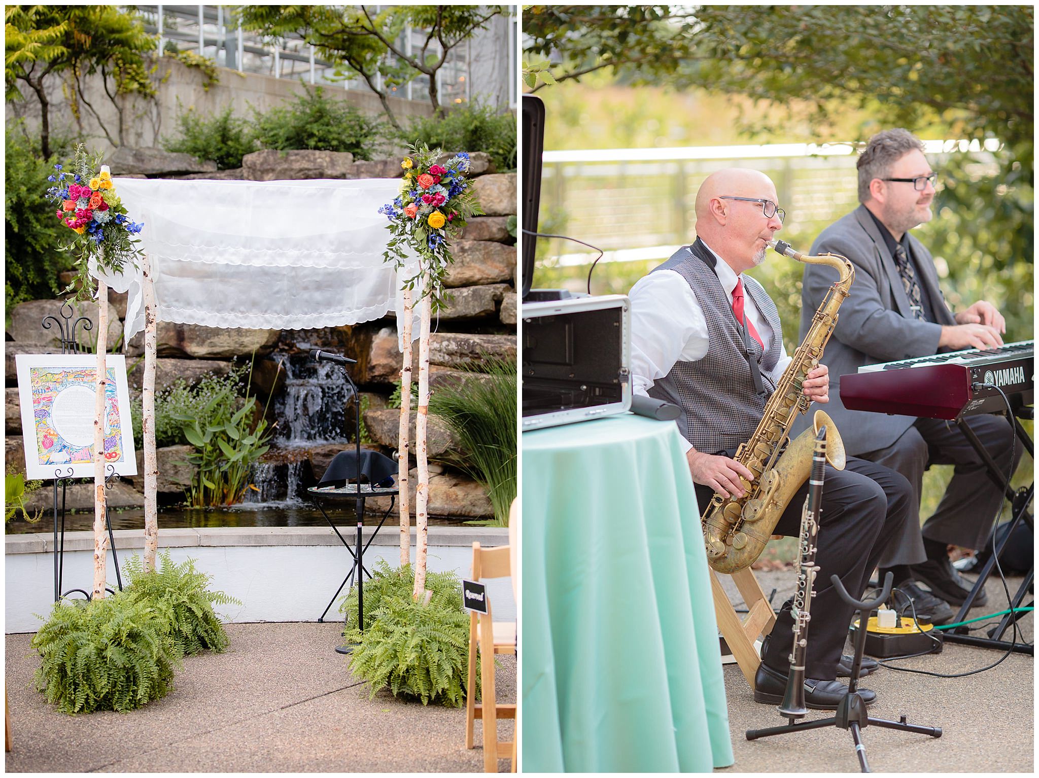 The chuppah decorated for a Jewish wedding at Phipps Conservatory as Matt Ferrante plays saxophone