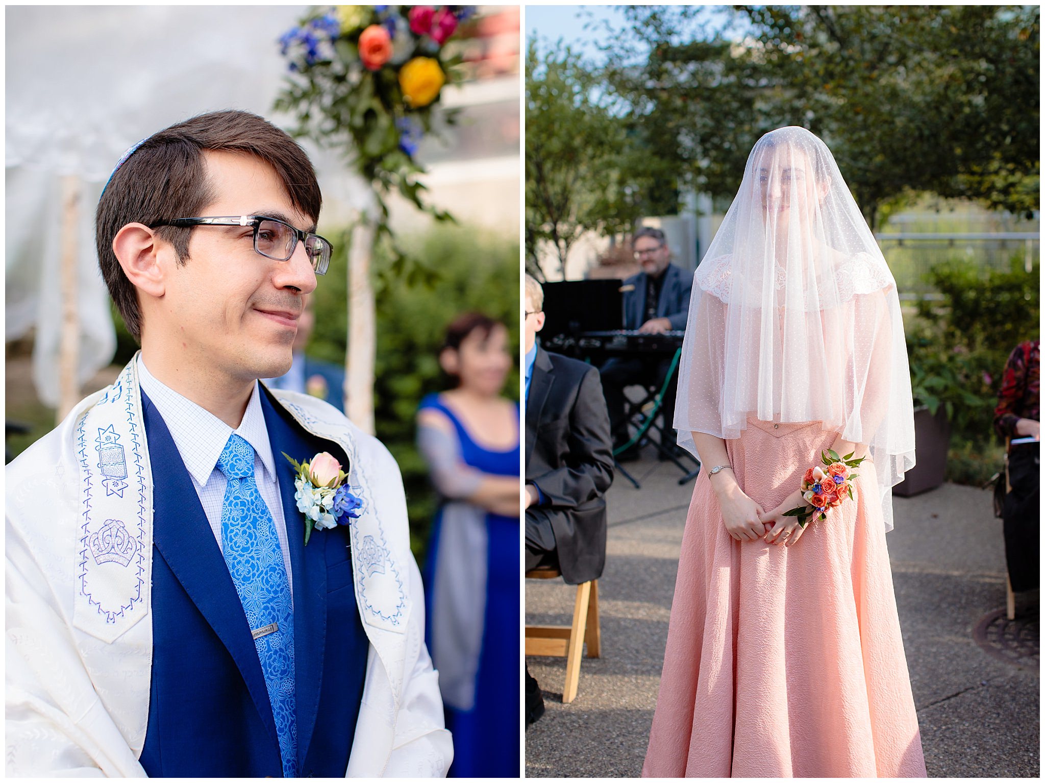 Groom smiles as his bride walks down the aisle at Phipps Conservatory