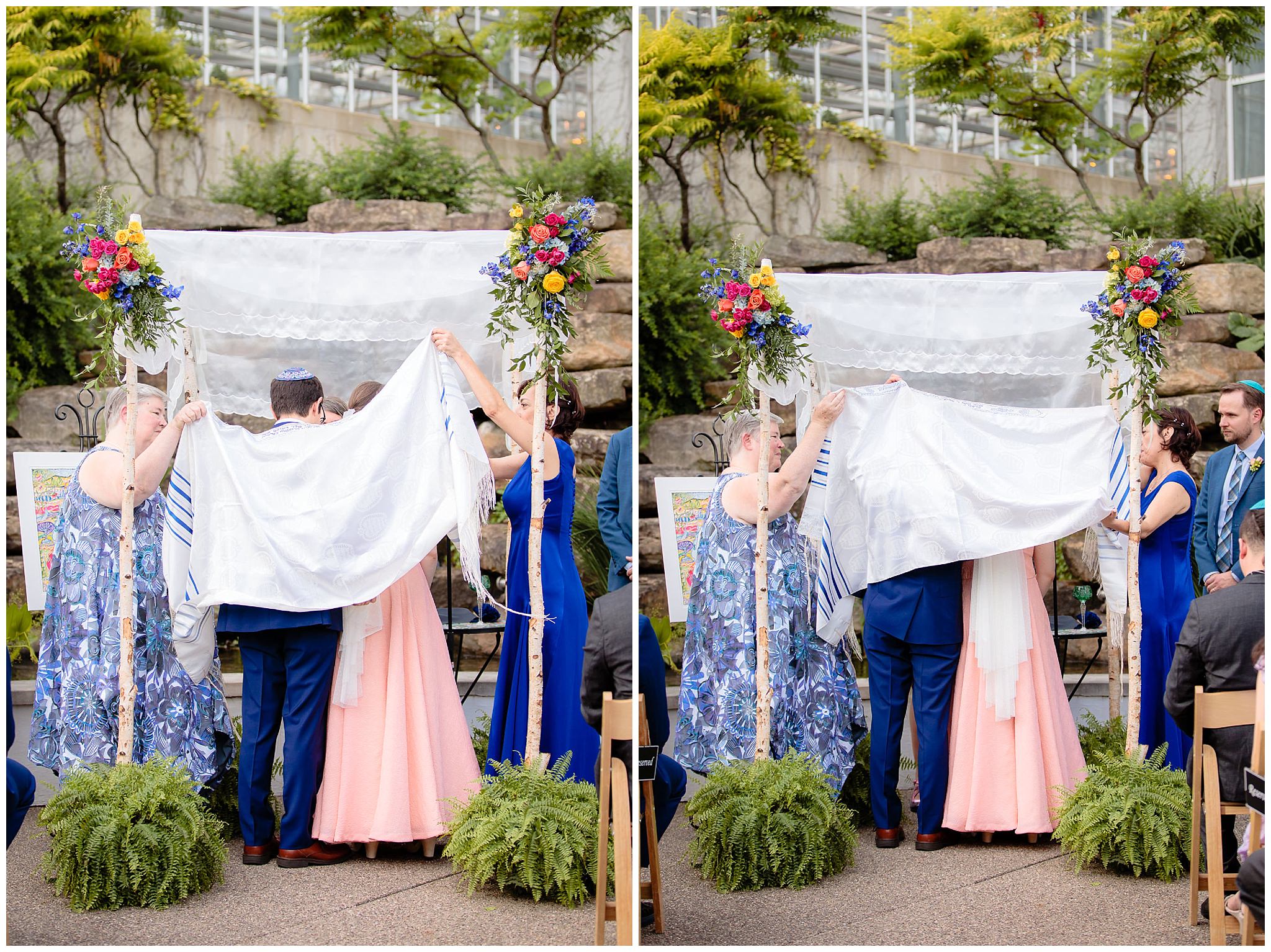 Mothers of the bride & groom lift the tallit over their heads at Phipps