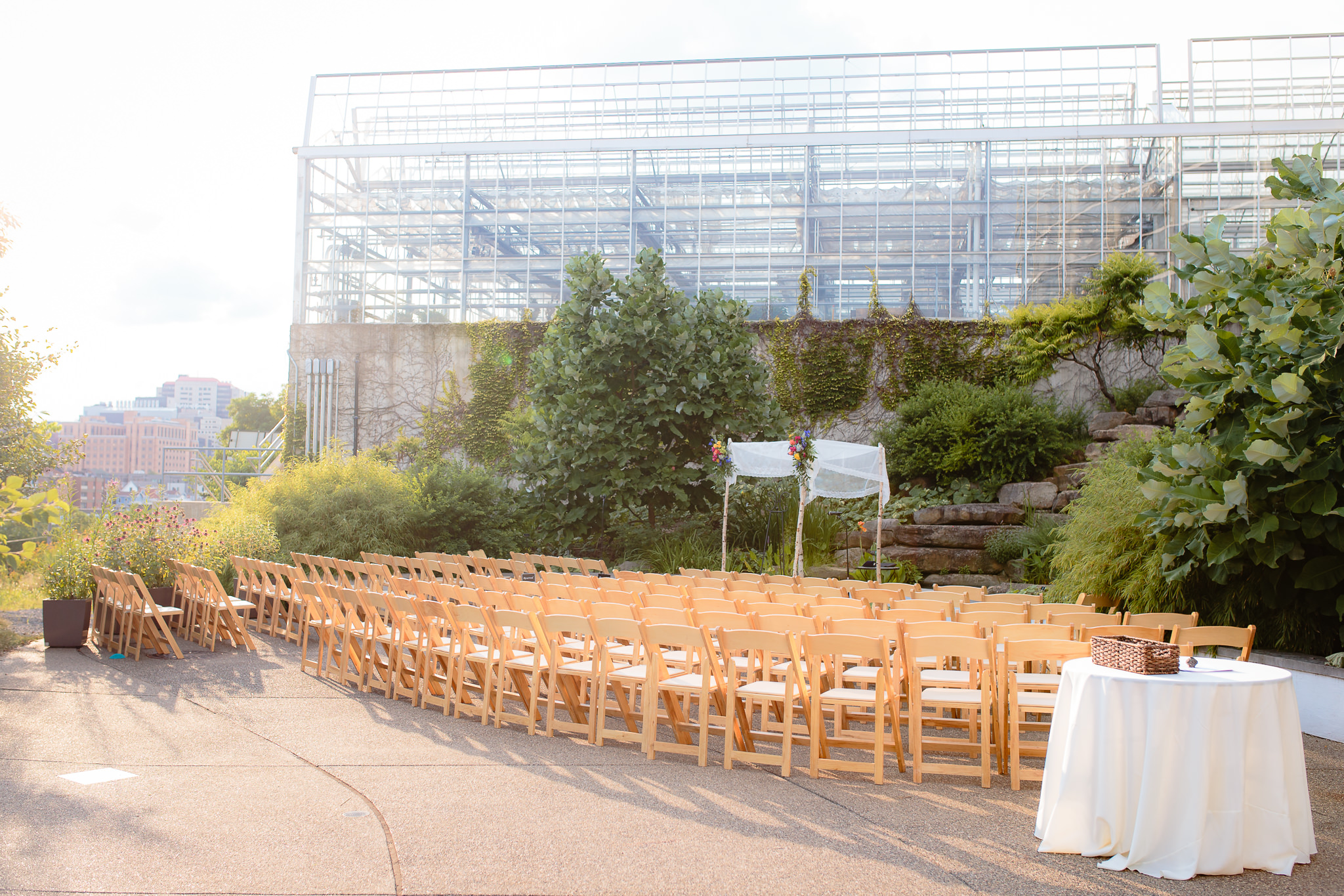 Outdoor ceremony space at Phipps Conservatory set up for a Jewish wedding