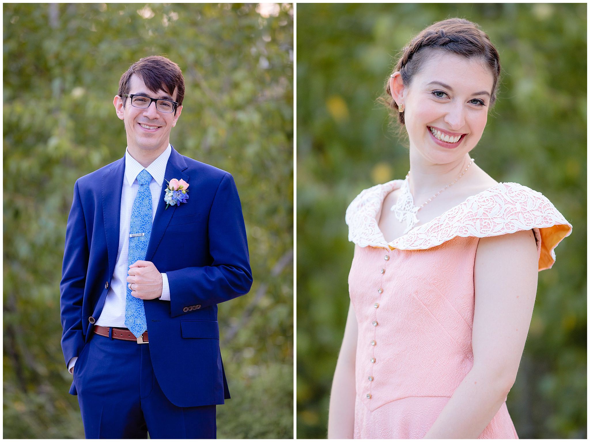 Groom wears a custom blue suit by Joseph Orlando Clothiers; Bride wears a custom-made pink dress