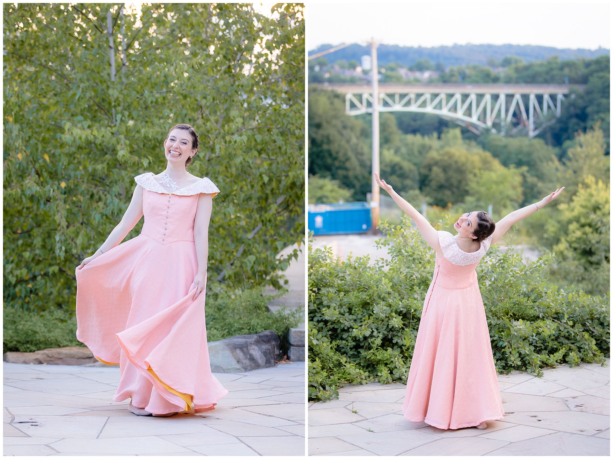 Bride wears a custom-made pink dress with white lace detail at a Phipps Conservatory wedding