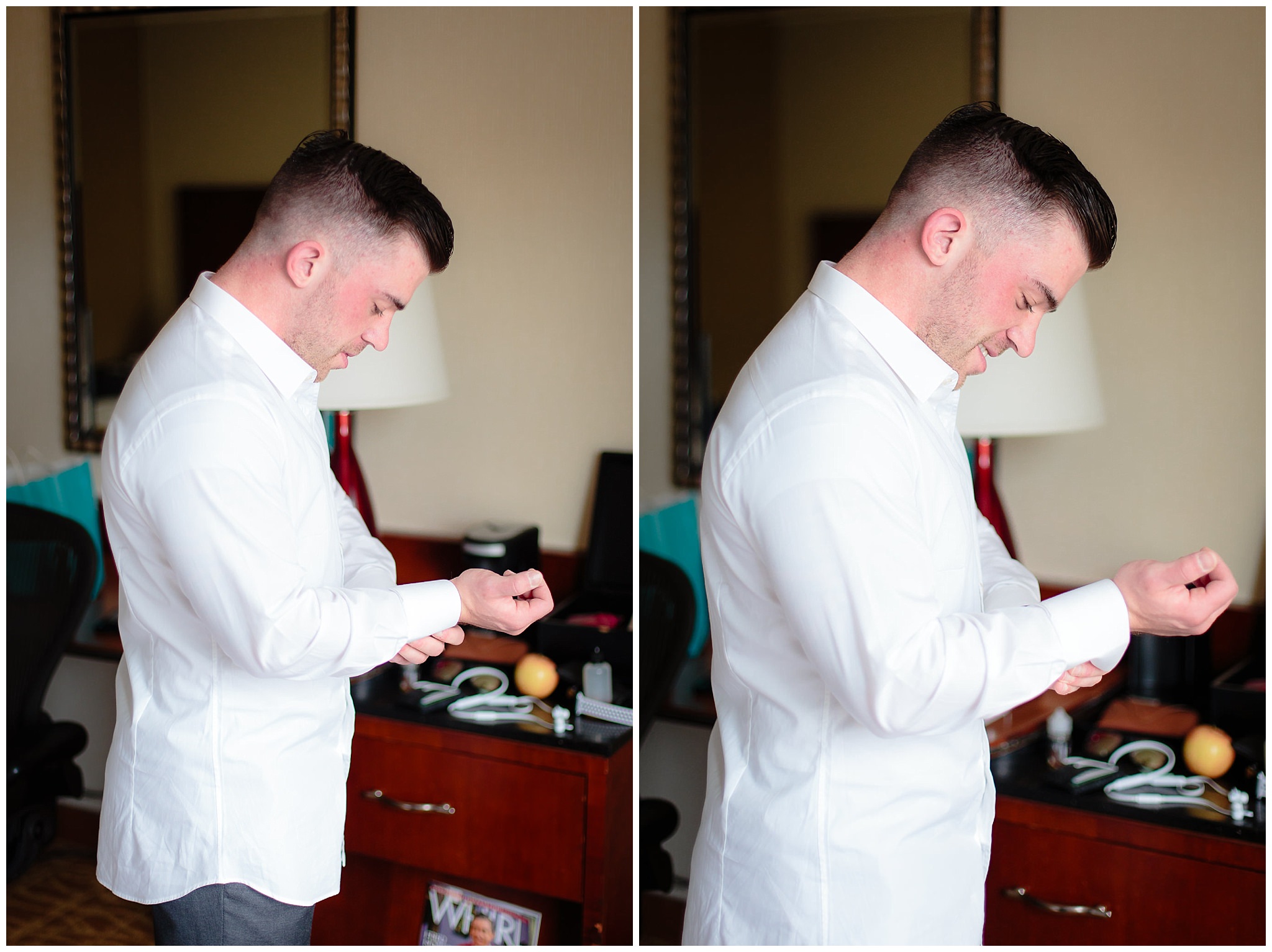 Groom gets dressed for his wedding at the Pittsburgh Airport Marriott